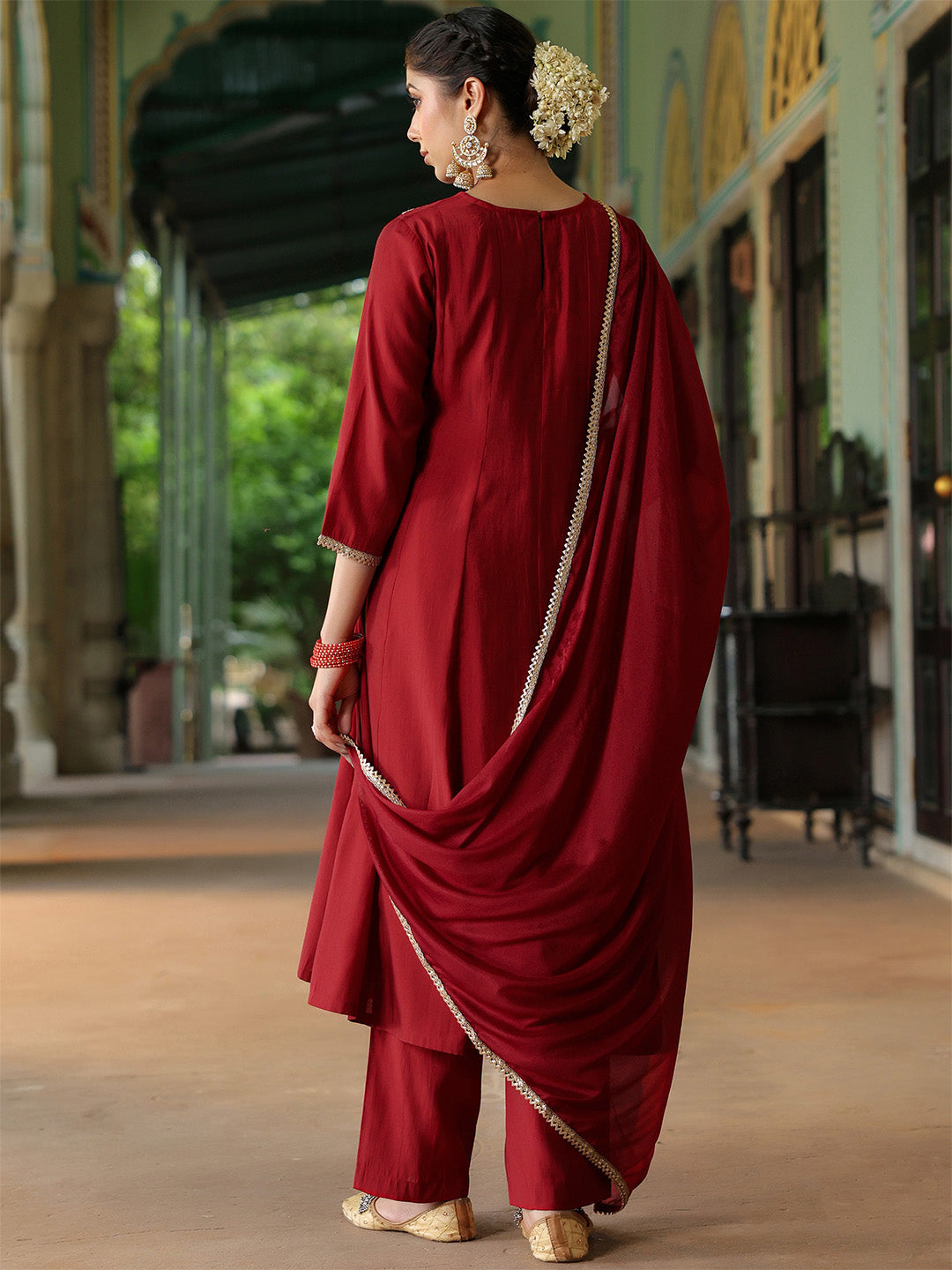 Diya Maroon Chanderi Anarkali Suit Set