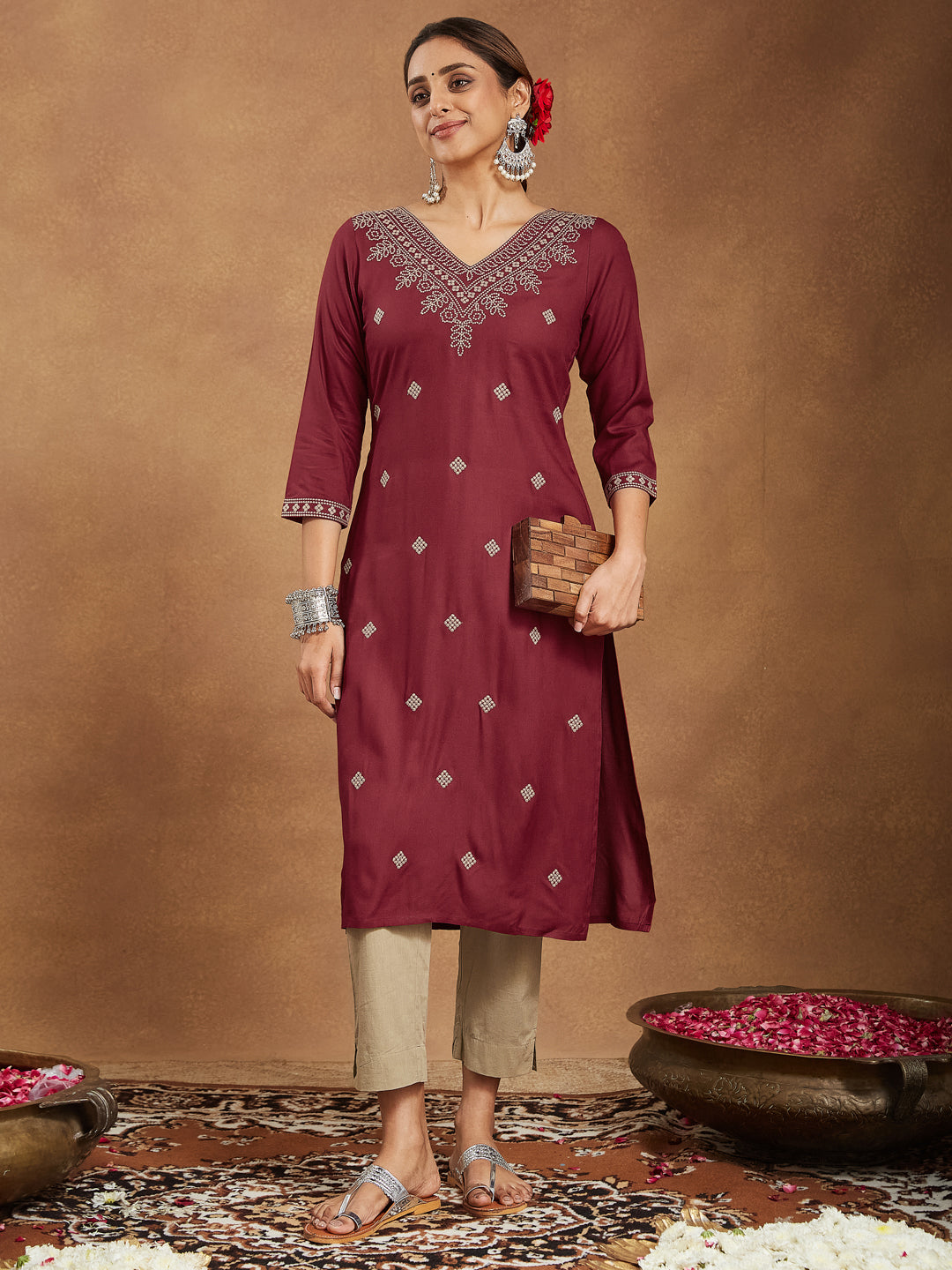 Amara Maroon Embroidered Rayon Straight Stylish Kurti for Women