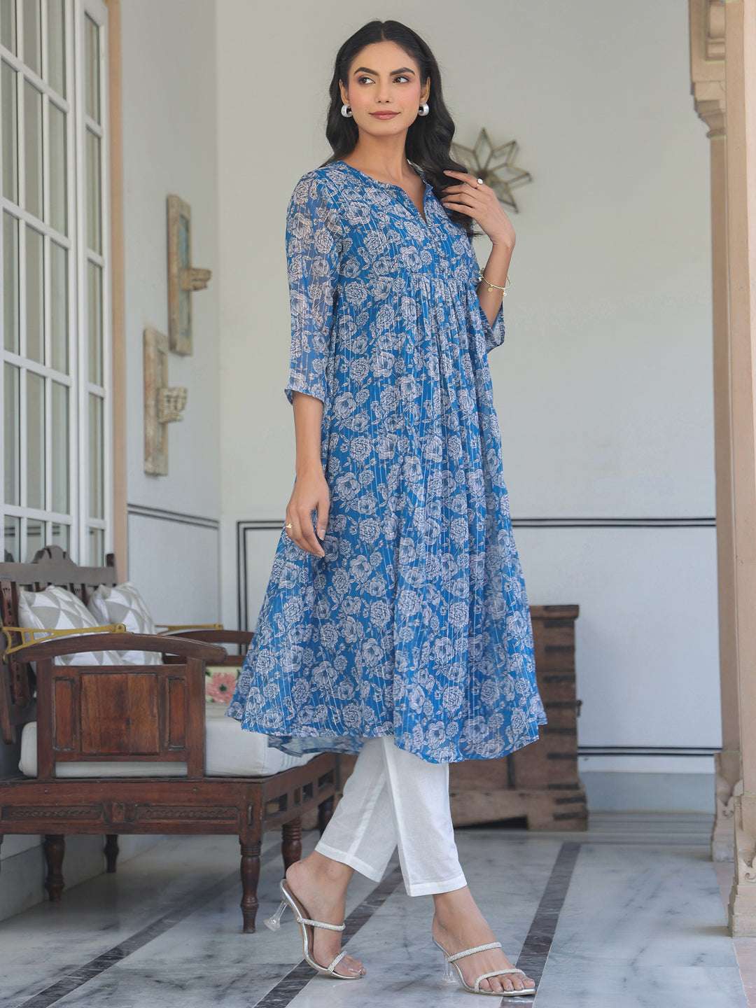 Myra Blue Chiffon Floral Stylish Kurti Sajnaa