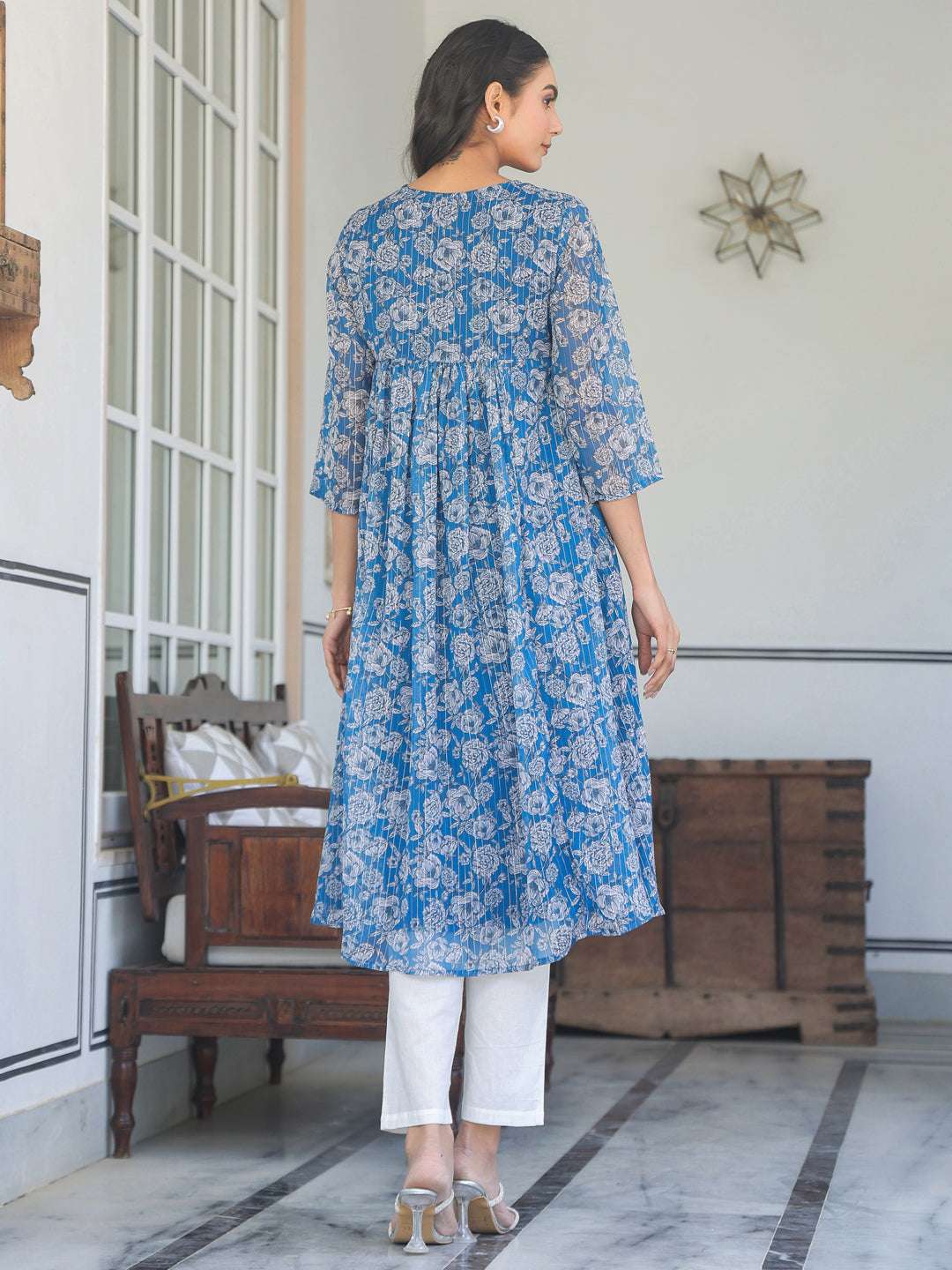 Myra Blue Chiffon Floral Stylish Kurti Sajnaa