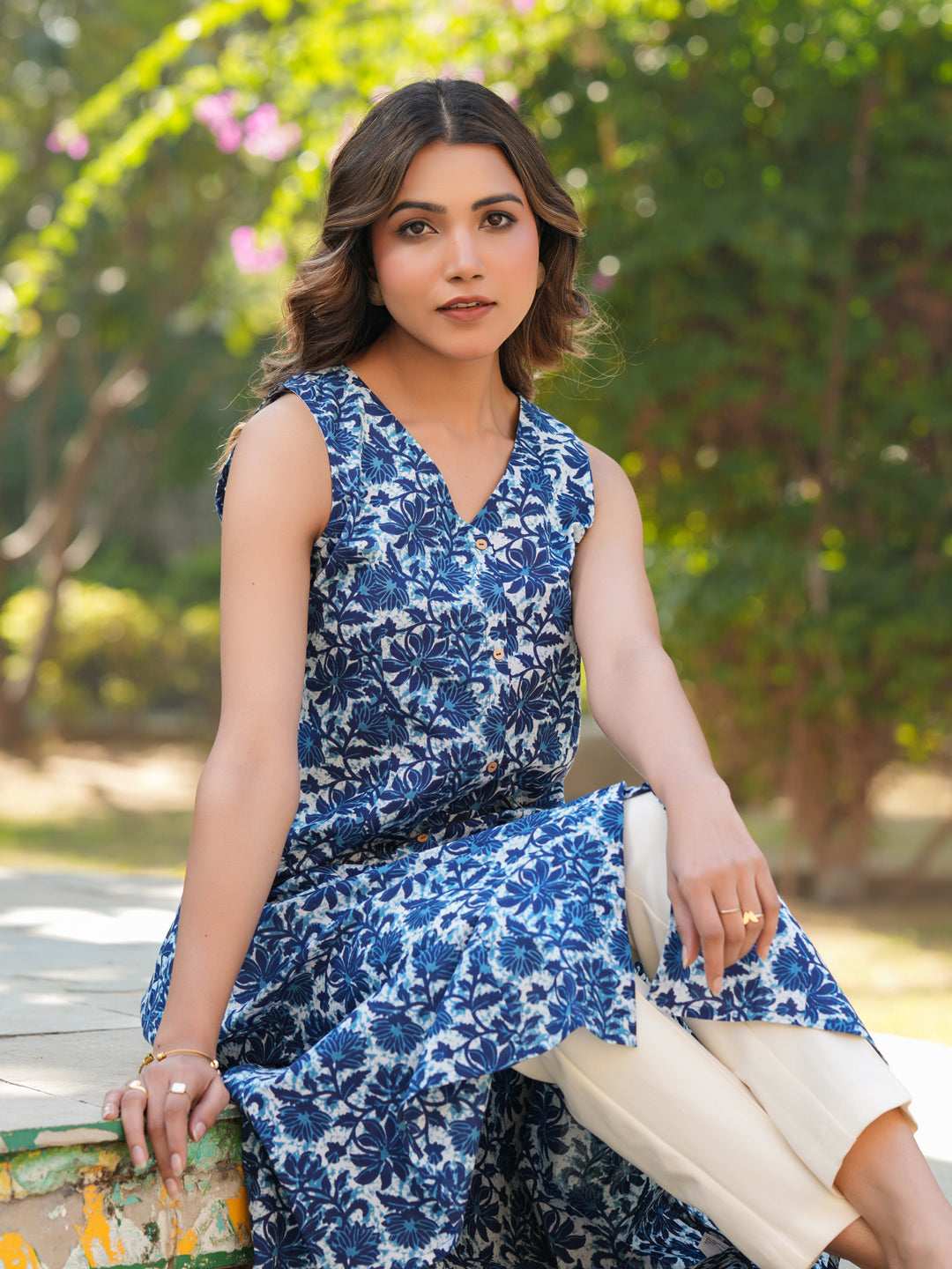 Blue Pure Cotton Floral Printed A-line Kurta My Store