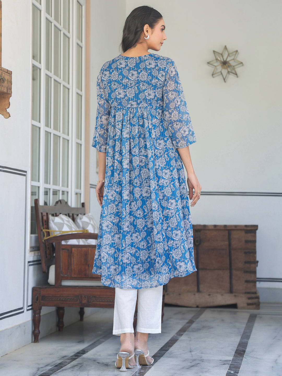 Myra Blue Chiffon Floral Stylish Kurti