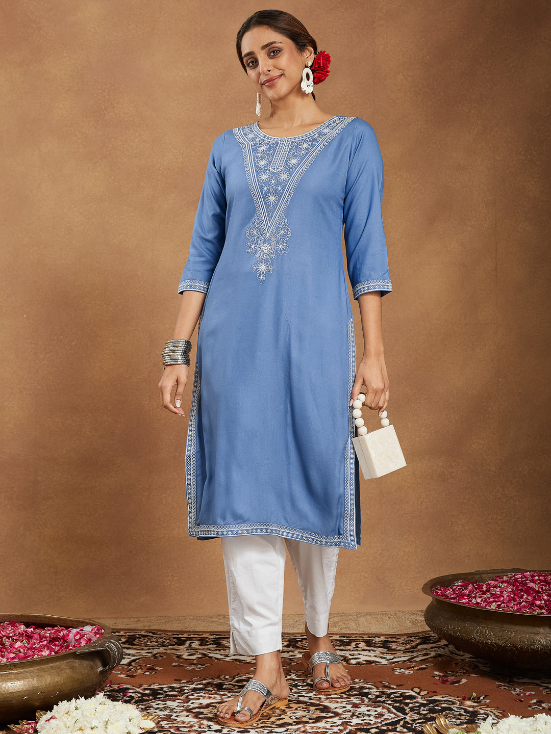 Lyla Sky Blue Embroidered Rayon Straight Stylish Kurti for Women