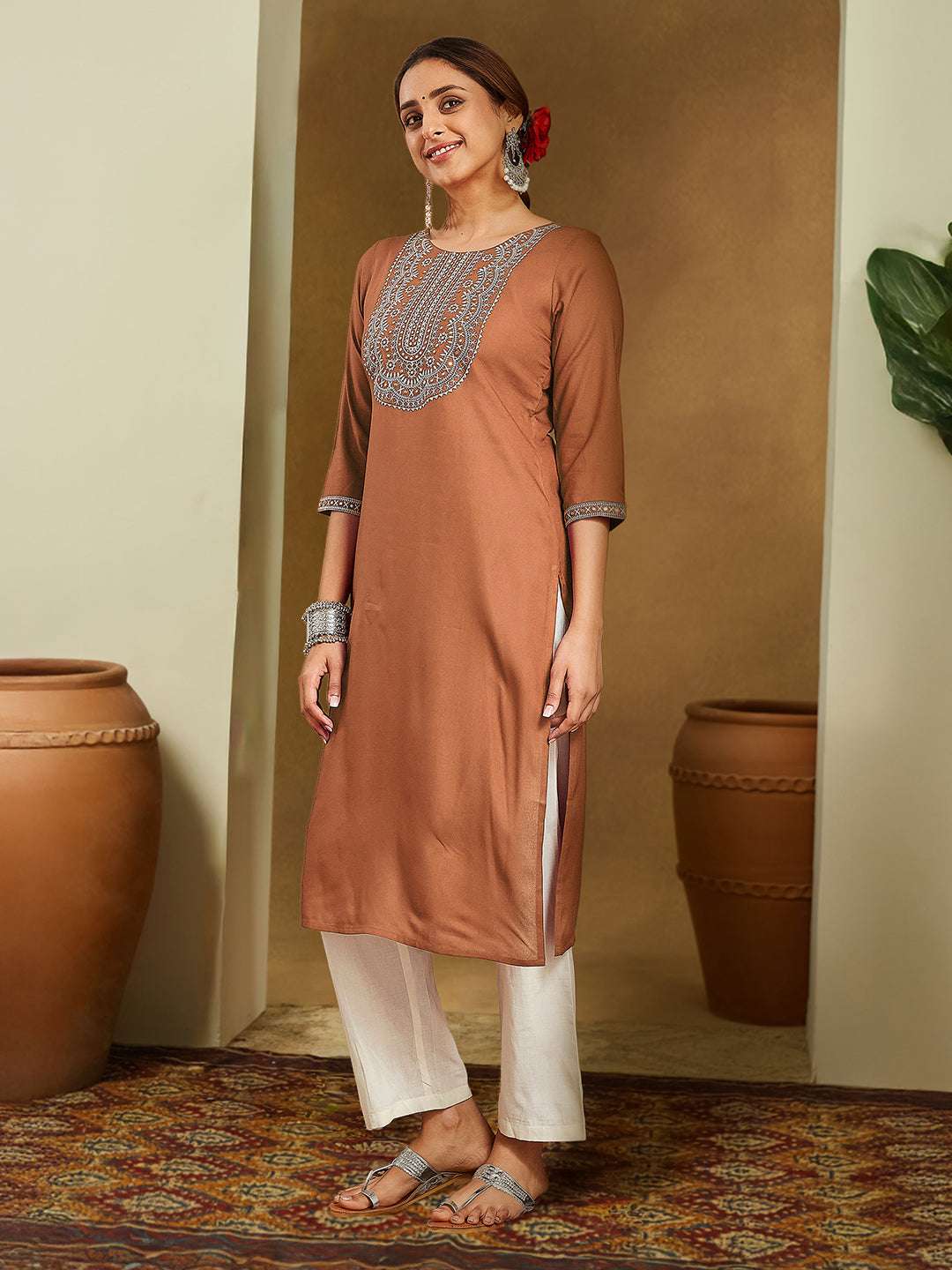 Siena Brown Embroidered Rayon Straight Stylish Kurti for Women Sajnaa