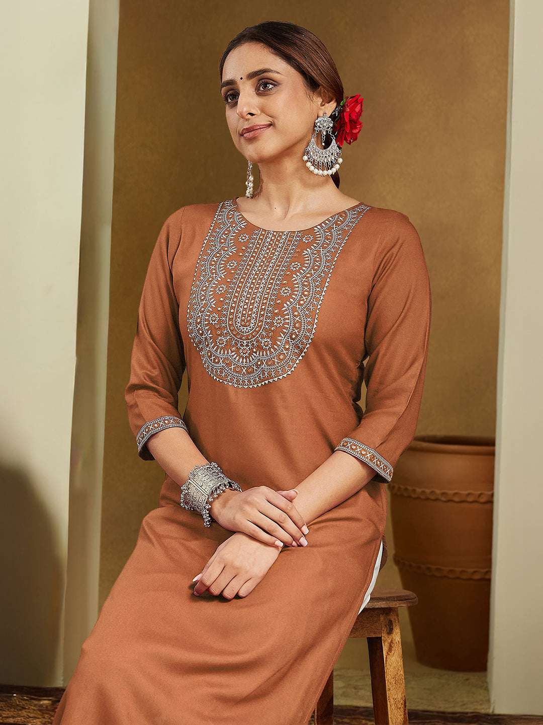Siena Brown Embroidered Rayon Straight Stylish Kurti for Women Sajnaa