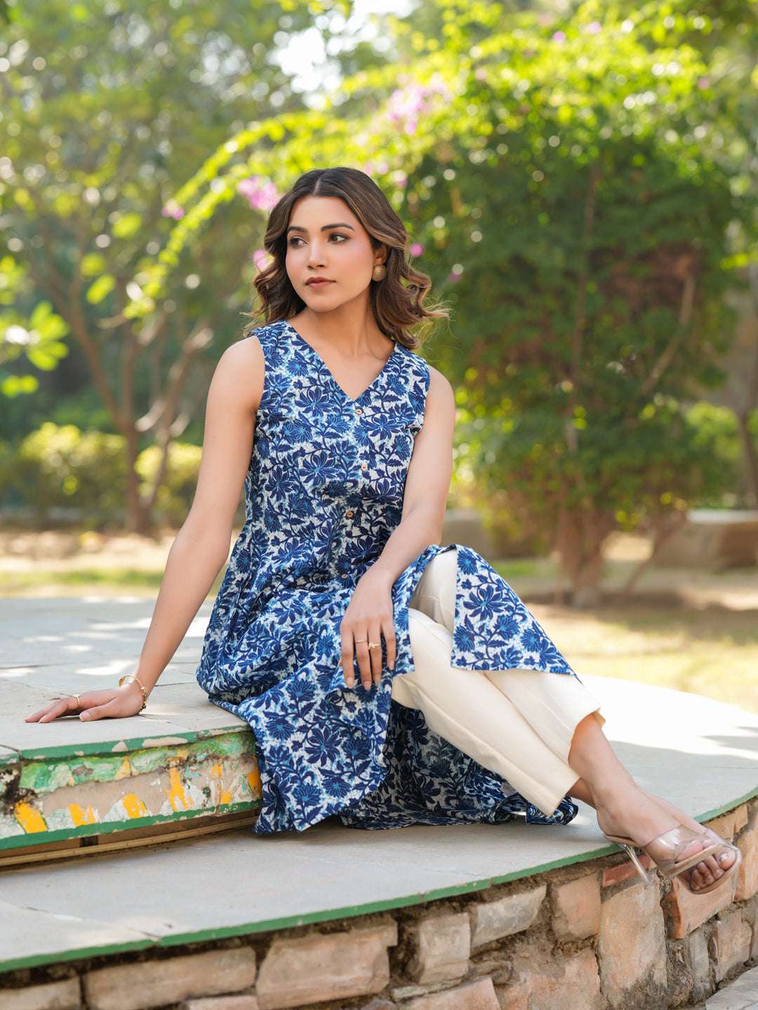 Blue Pure Cotton Floral Printed A-line Kurta My Store
