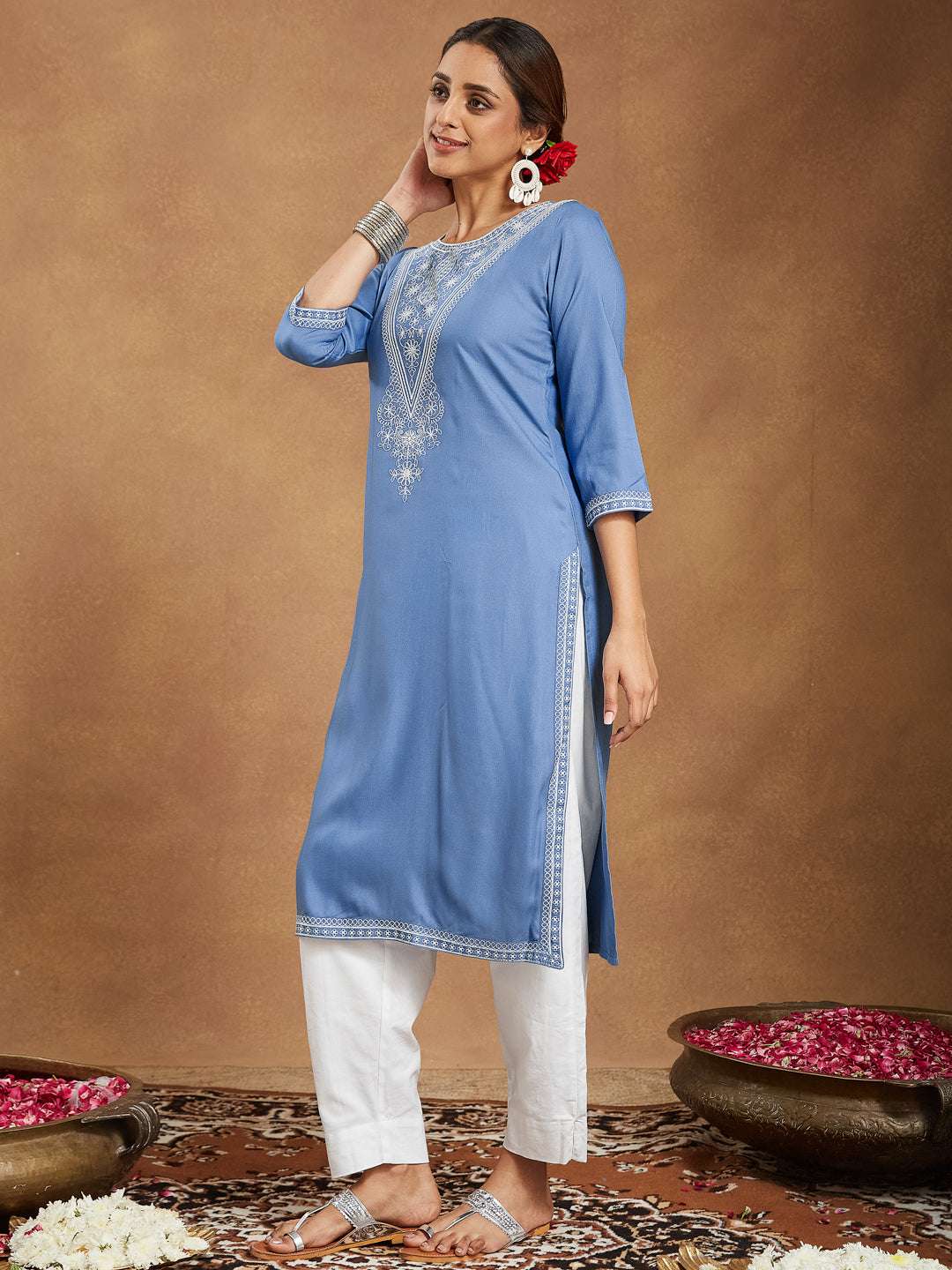 Lyla Sky Blue Embroidered Rayon Straight Stylish Kurti for Women My Store
