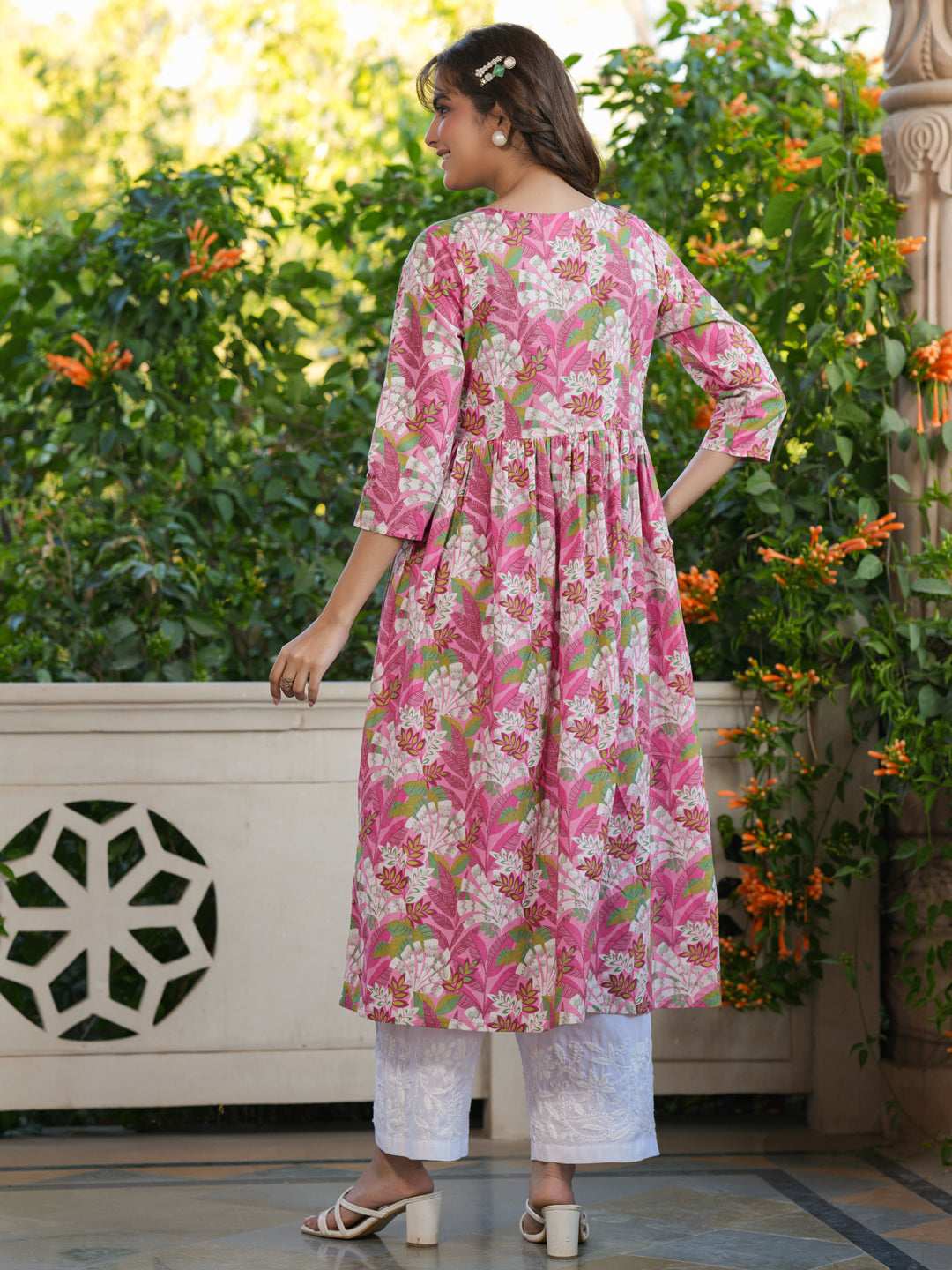 Amara Pink Floral Cotton A-Line Stylish Kurti for Women My Store