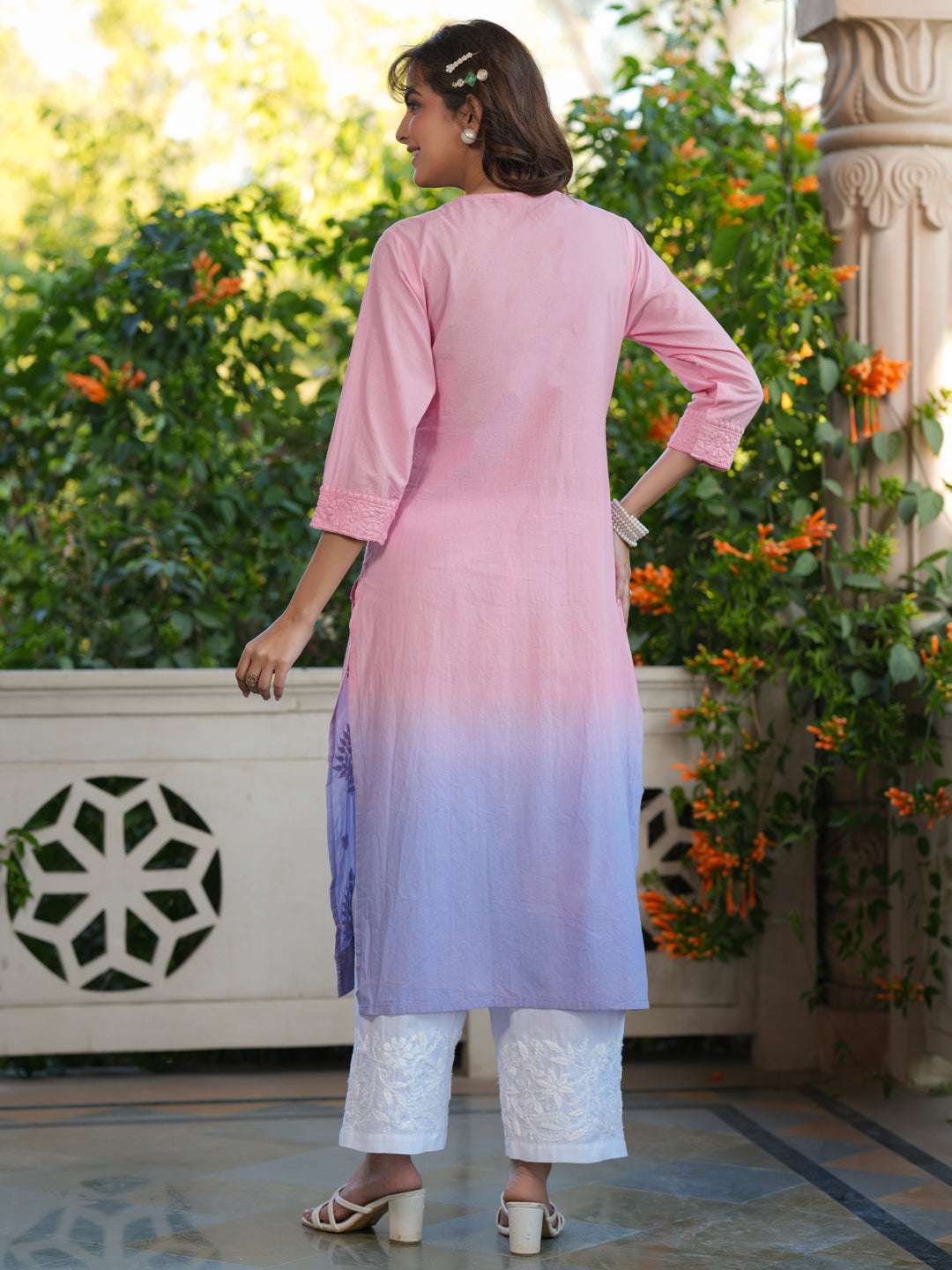 Baby Pink Ombre Pure Cotton Chikankari Embroidered Straight Kurta My Store