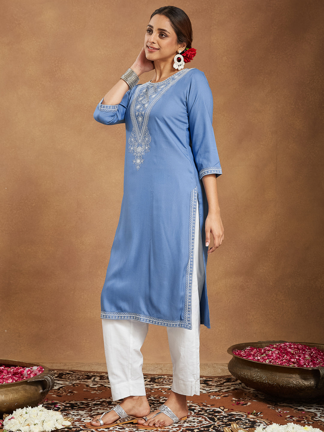 Lyla Sky Blue Embroidered Rayon Straight Stylish Kurti for Women