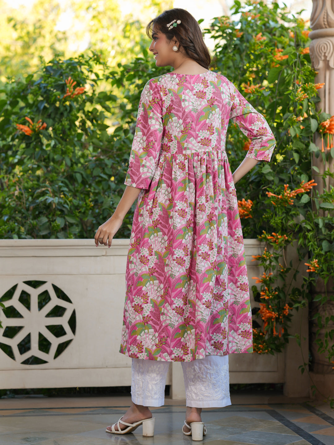 Amara Pink Floral Cotton A-Line Stylish Kurti for Women