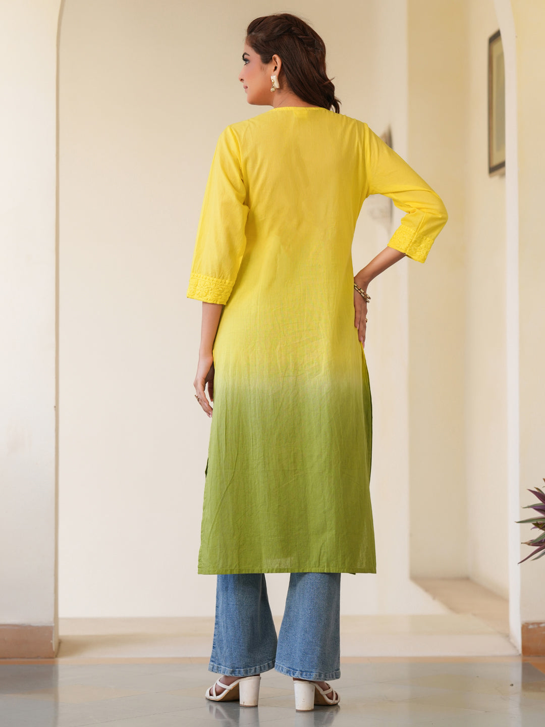 Zara Lime Yellow Ombre Chikankari Stylish Kurti for Women