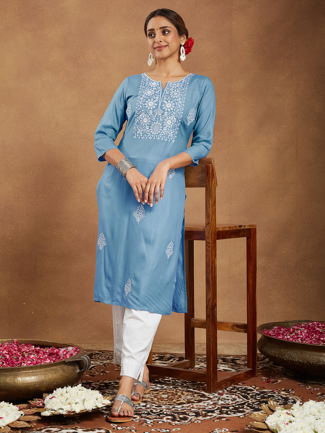 Celeste Sky Blue Embroidered Rayon Straight Stylish Kurti for Women