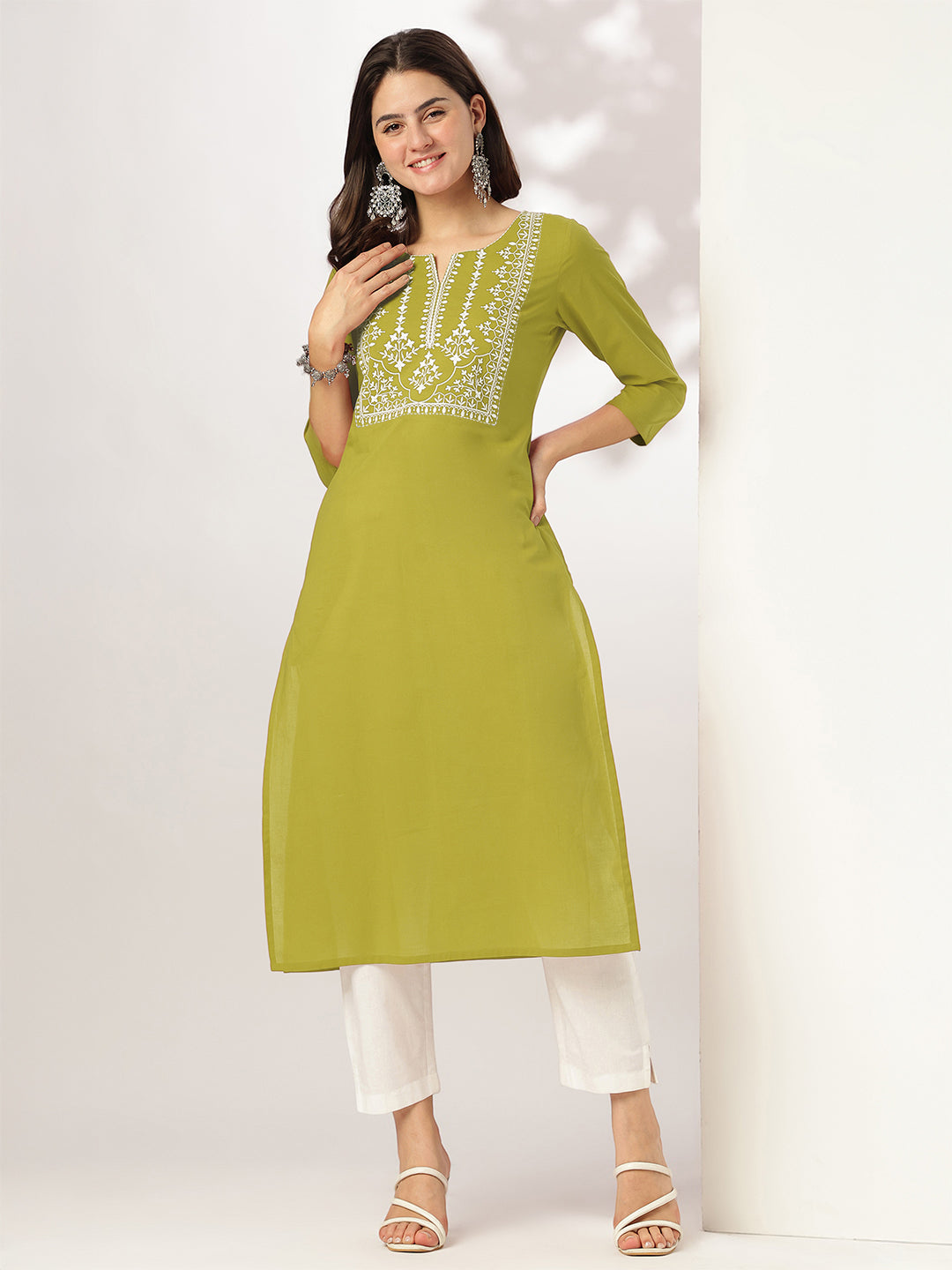 Charvi Lime Green Cotton Embroidered Stylish Kurti for Women