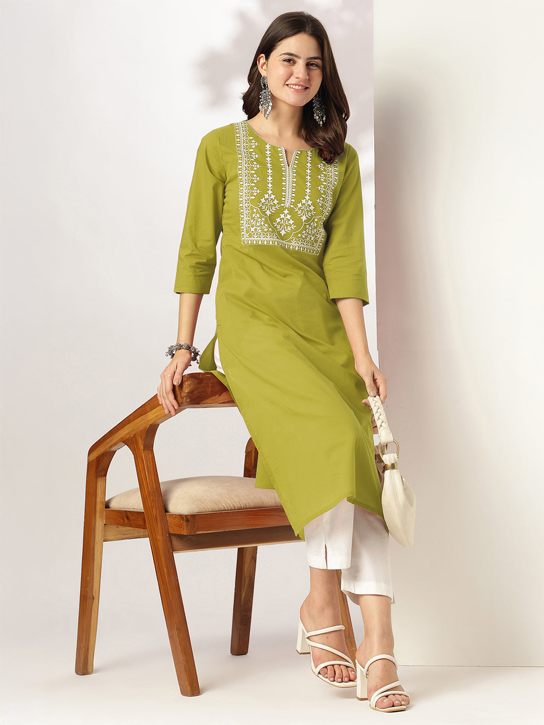 Charvi Lime Green Cotton Embroidered Stylish Kurti for Women