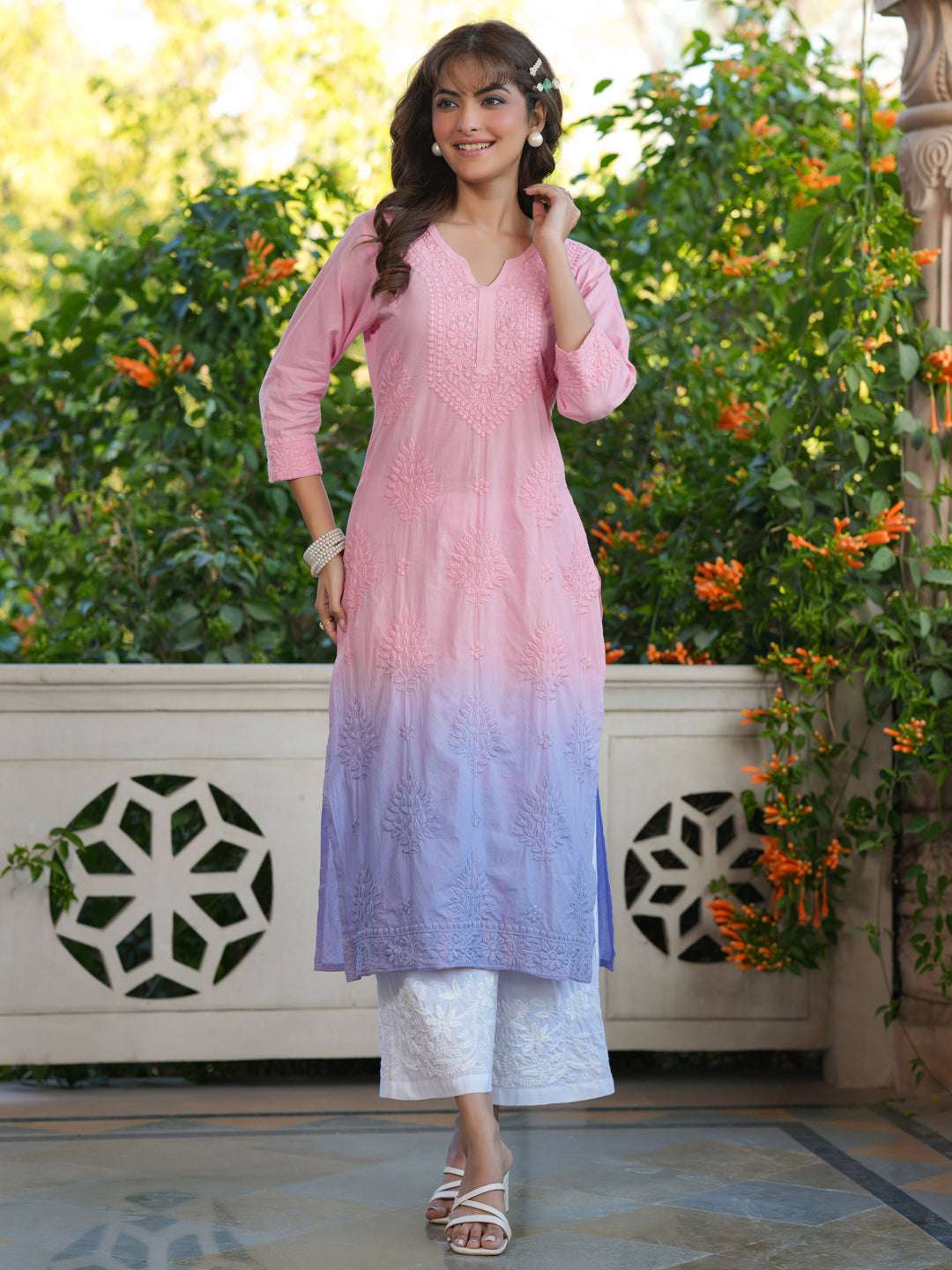 Baby Pink Ombre Pure Cotton Chikankari Embroidered Straight Kurta My Store