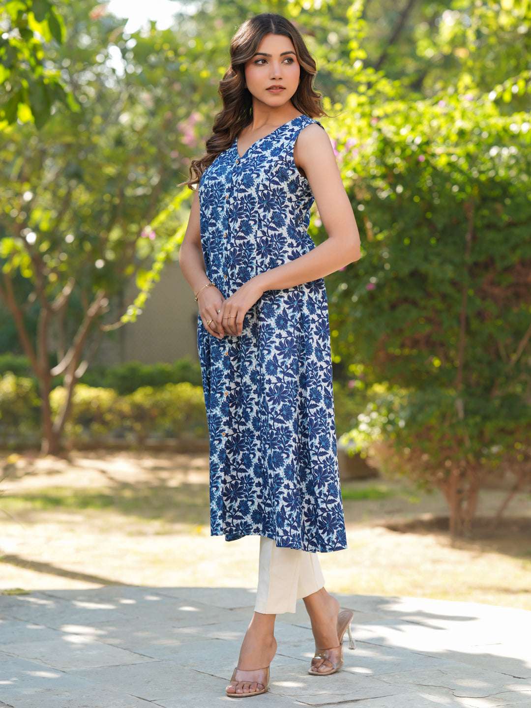 Blue Pure Cotton Floral Printed A-line Kurta My Store