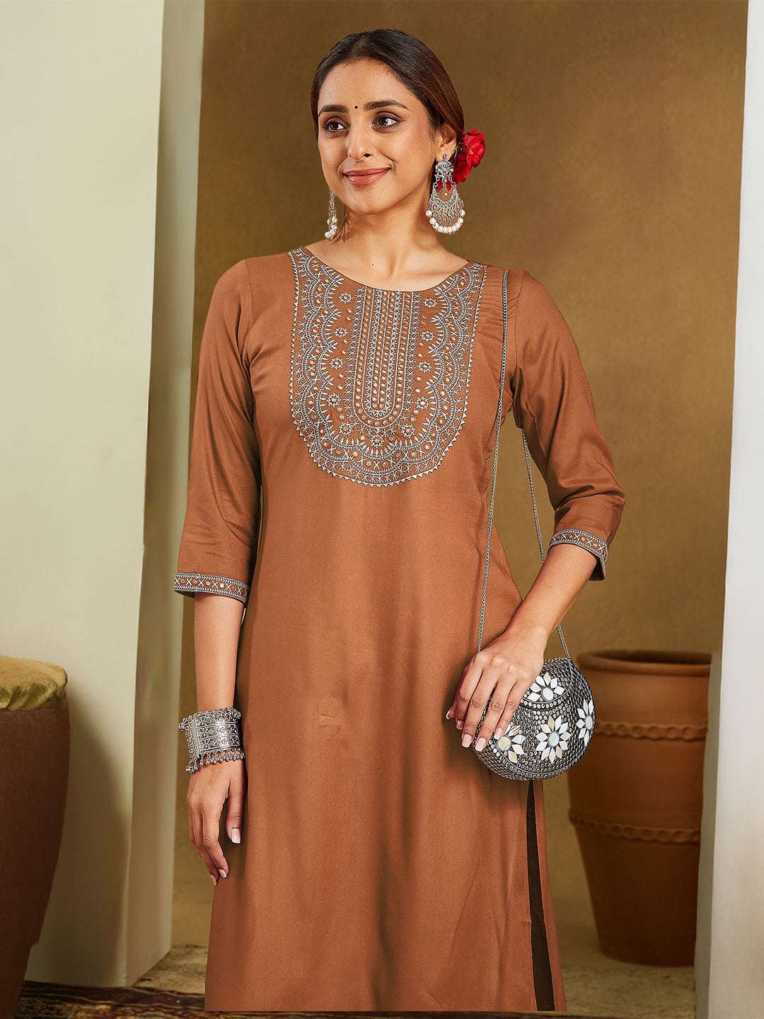Siena Brown Embroidered Rayon Straight Stylish Kurti for Women Sajnaa