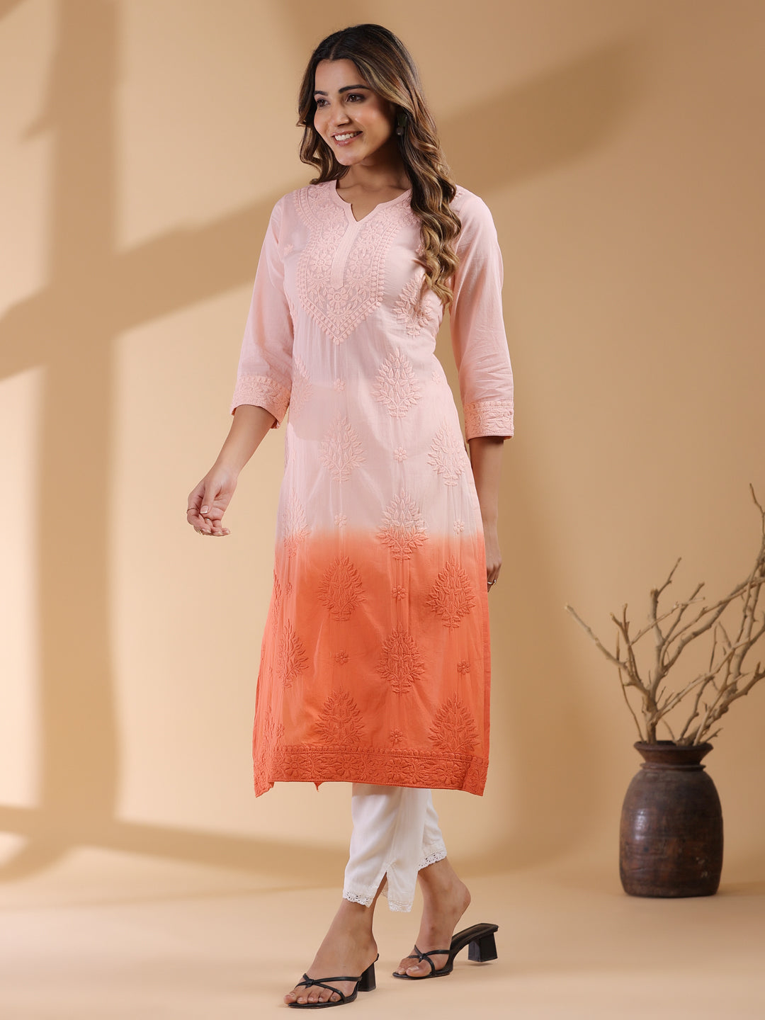Lyra Peach Ombre Chikankari Stylish Kurti for Women