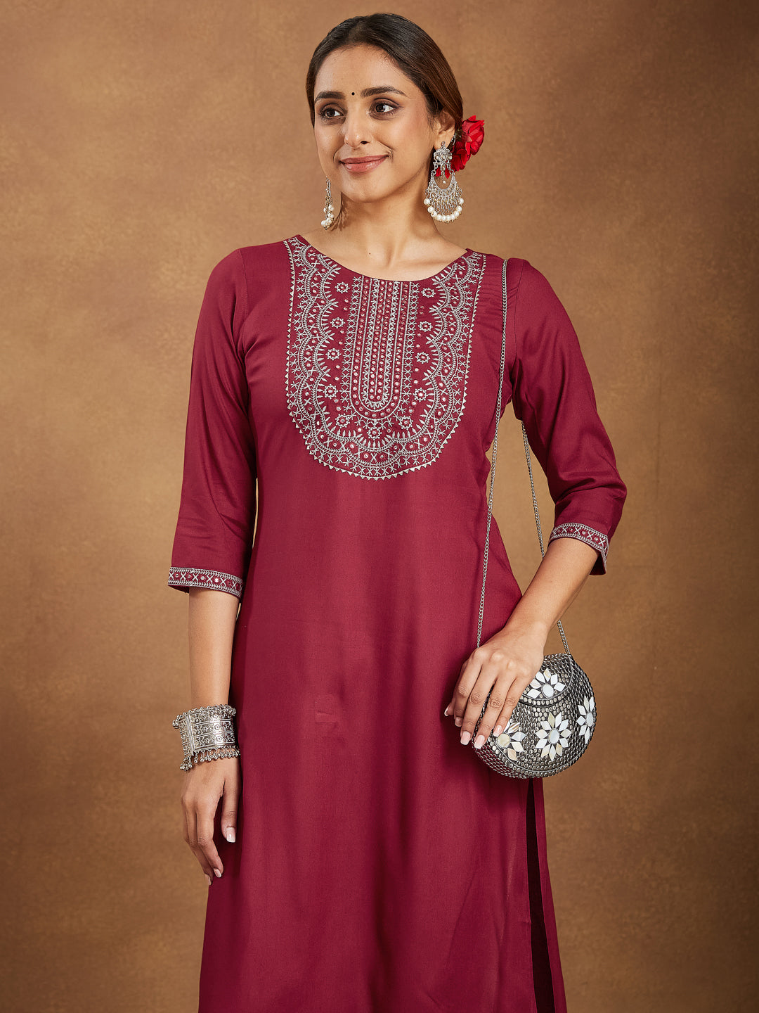 Ruby Maroon Embroidered Rayon Straight Stylish Kurti for Women