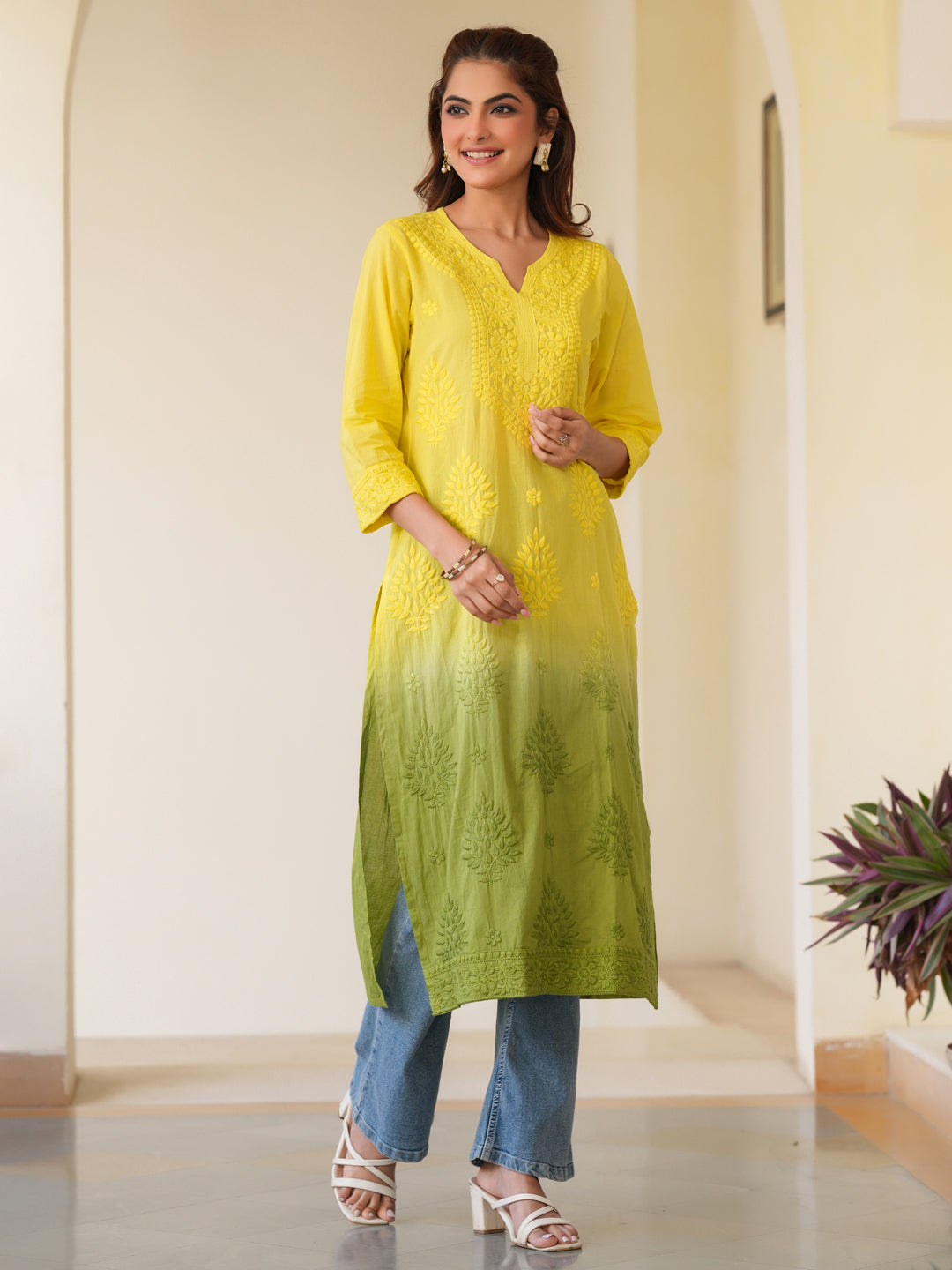 Zara Lime Yellow Ombre Chikankari Stylish Kurti for Women