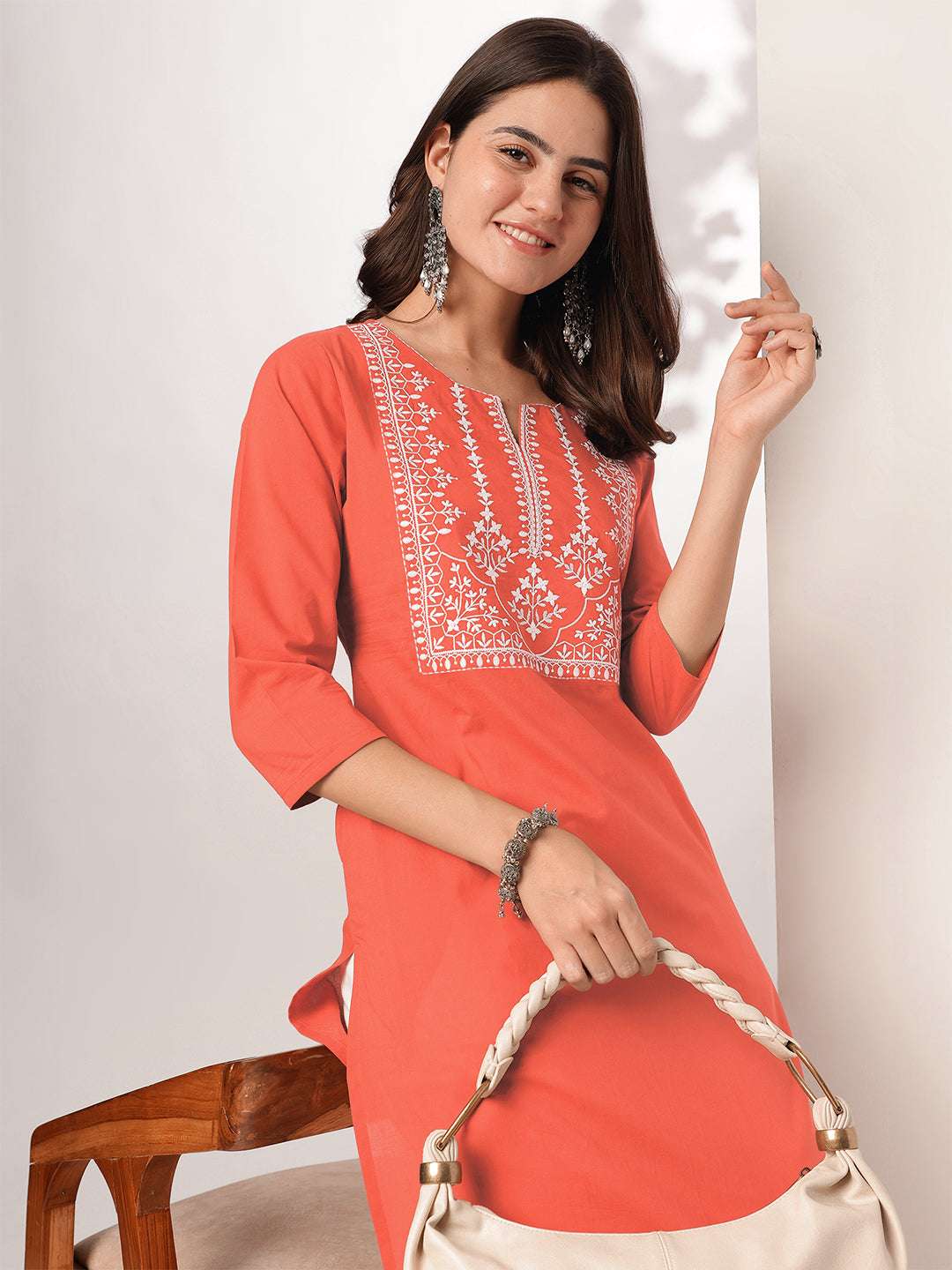 Devika Rust Cotton Embroidered Stylish Kurti for Women My Store