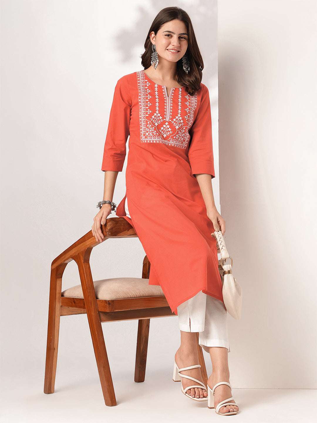 Devika Rust Cotton Embroidered Stylish Kurti for Women My Store