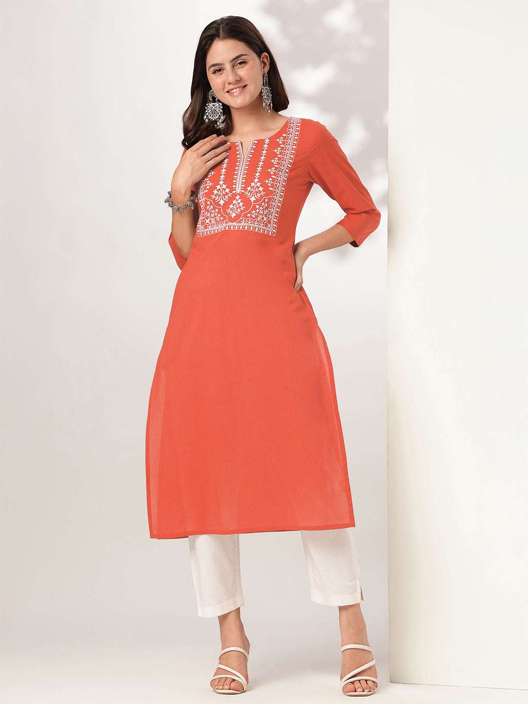Devika Rust Cotton Embroidered Stylish Kurti for Women Sajnaa