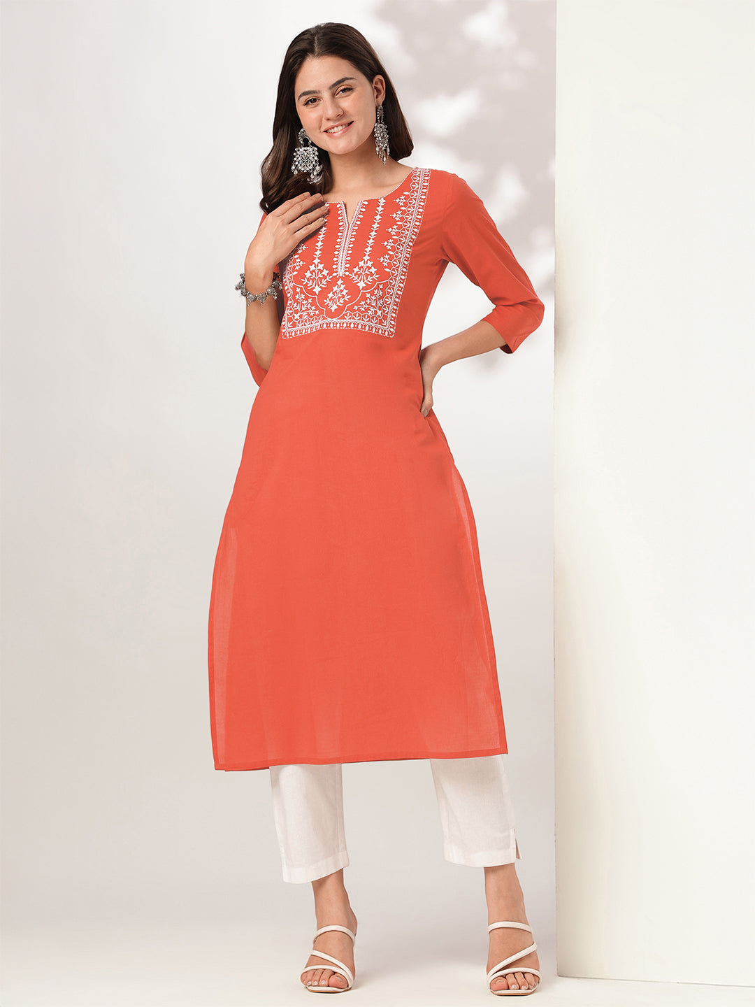 Devika Rust Cotton Embroidered Stylish Kurti for Women