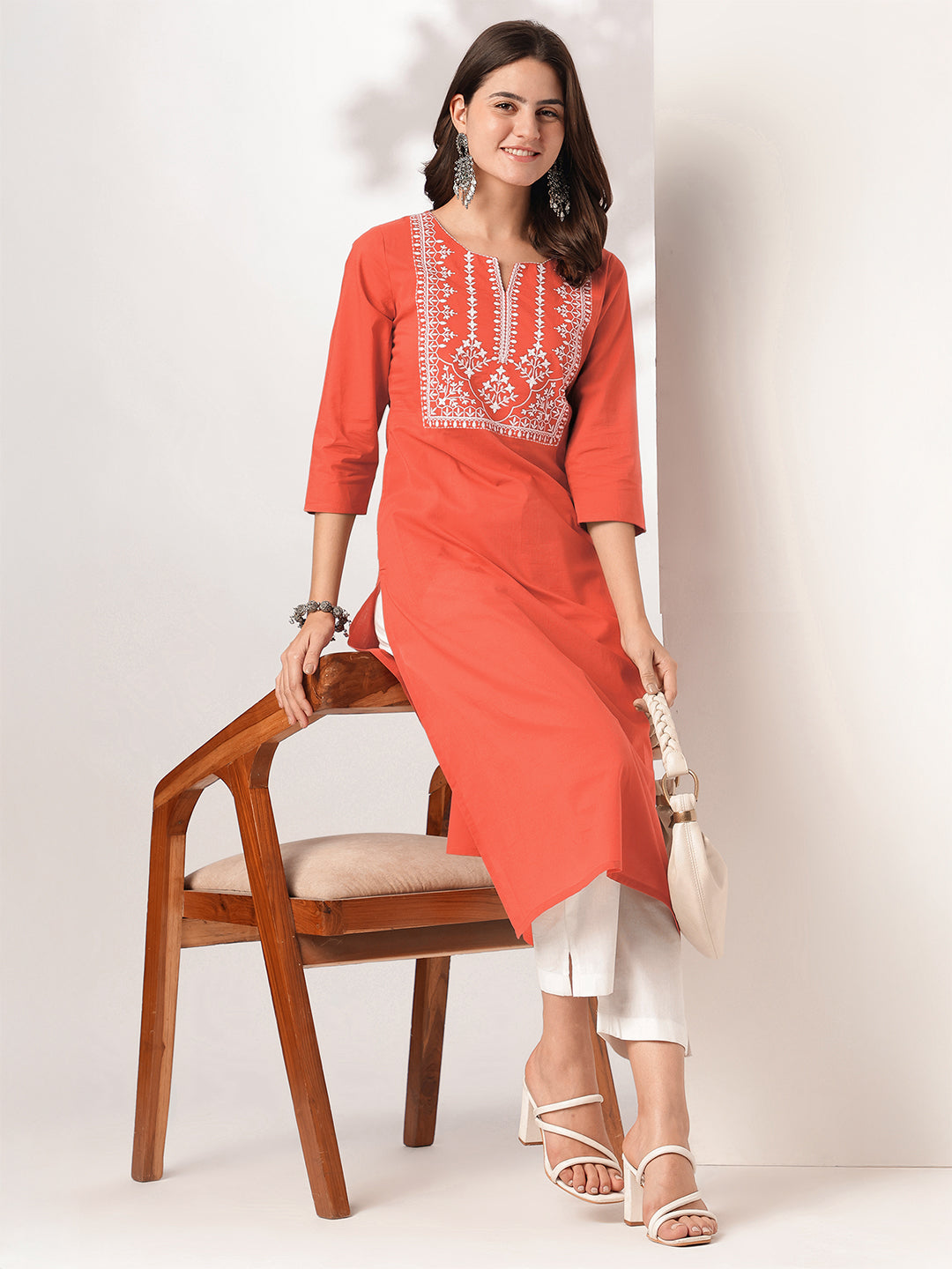 Devika Rust Cotton Embroidered Stylish Kurti for Women