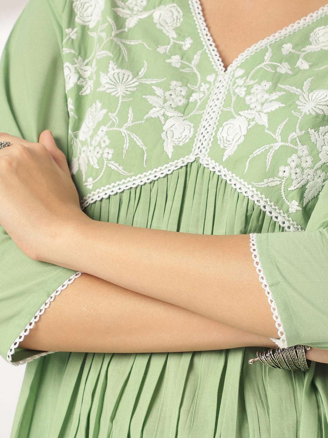 Vedika Light Green Cotton Embroidered Stylish Kurti for Women Sajnaa