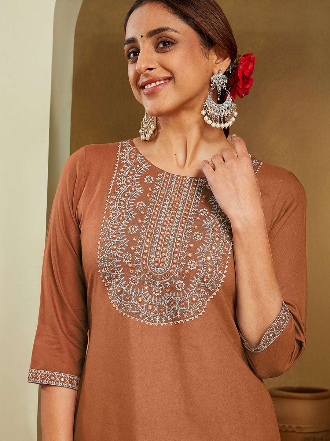 Siena Brown Embroidered Rayon Straight Stylish Kurti for Women Sajnaa