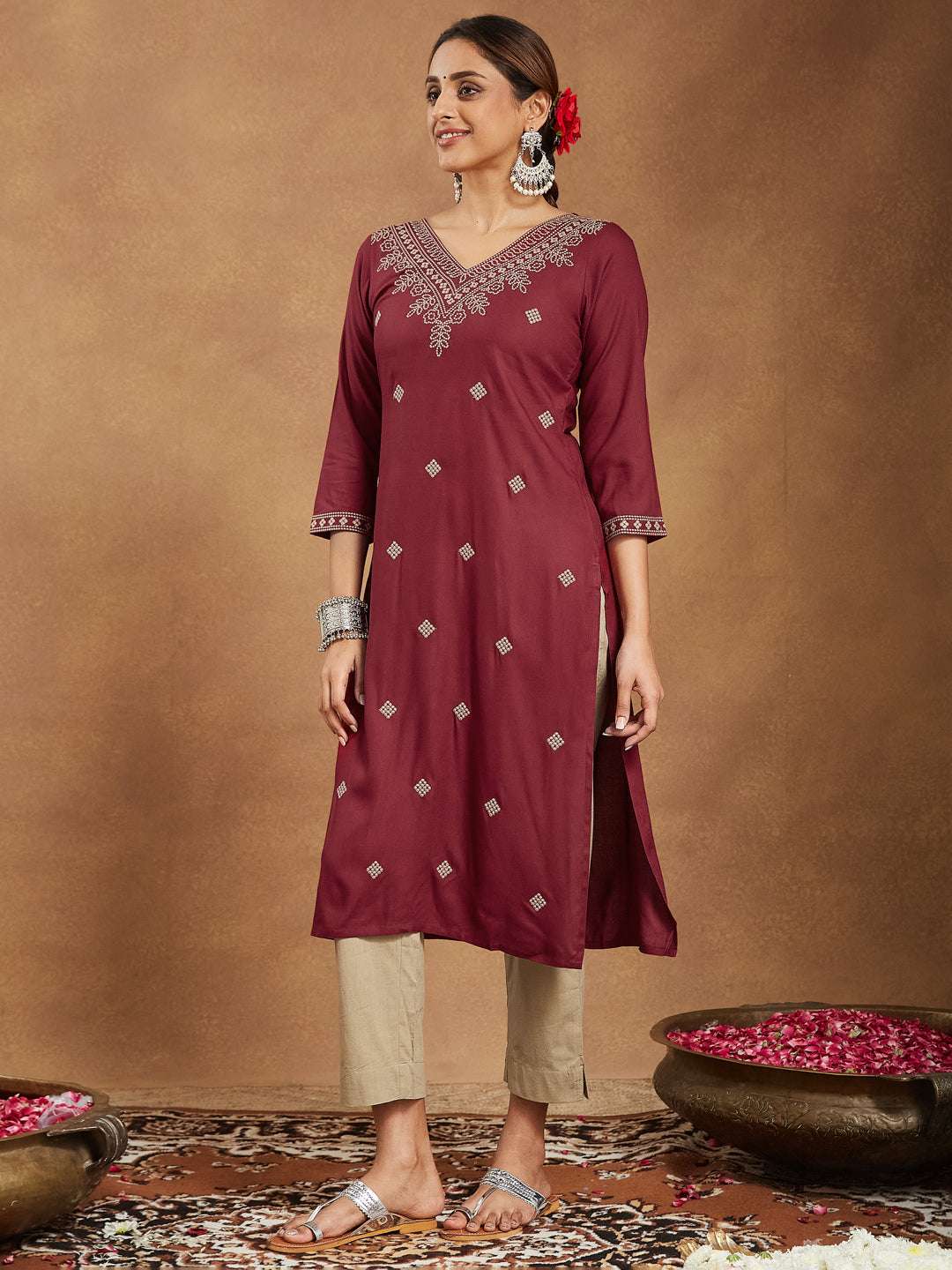 Amara Maroon Embroidered Rayon Straight Stylish Kurti for Women My Store
