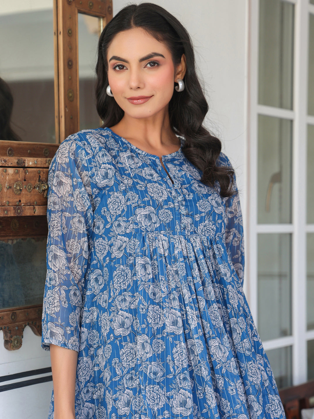 Myra Blue Chiffon Floral Stylish Kurti