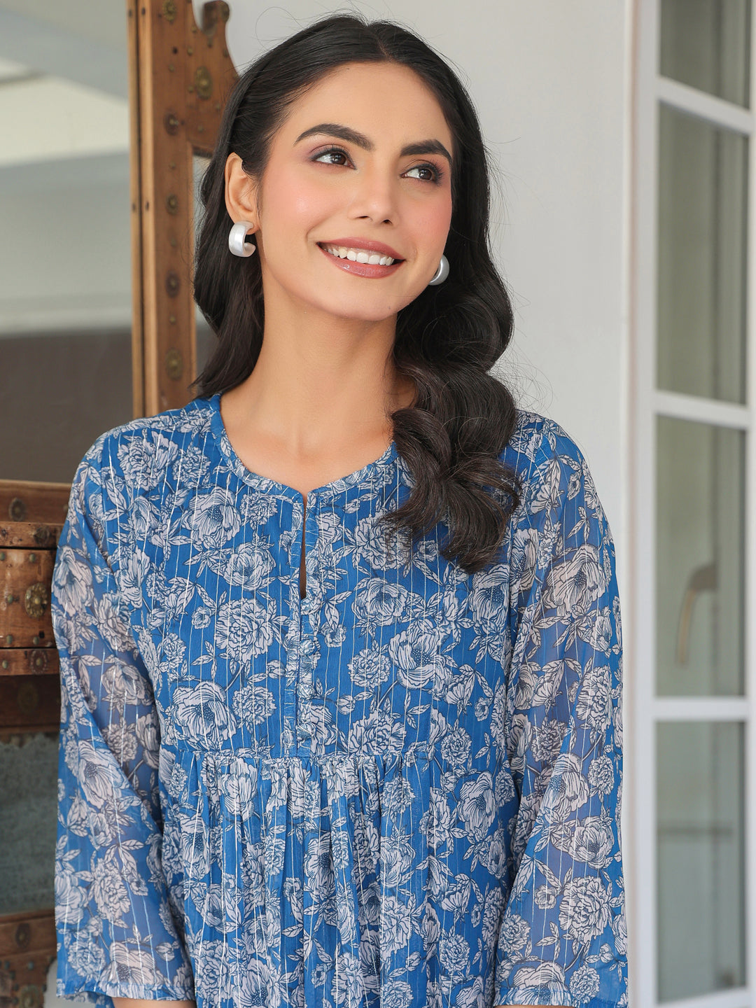 Myra Blue Chiffon Floral Stylish Kurti