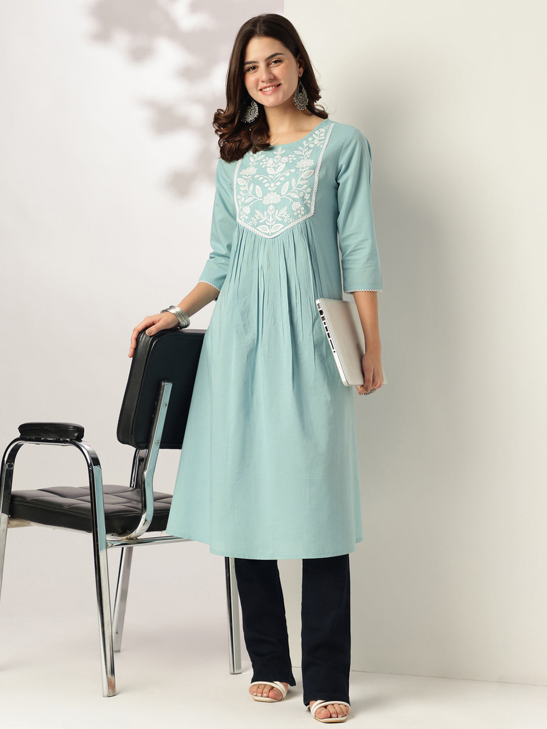 Vedika Light Blue Cotton Embroidered Stylish Kurti for Women