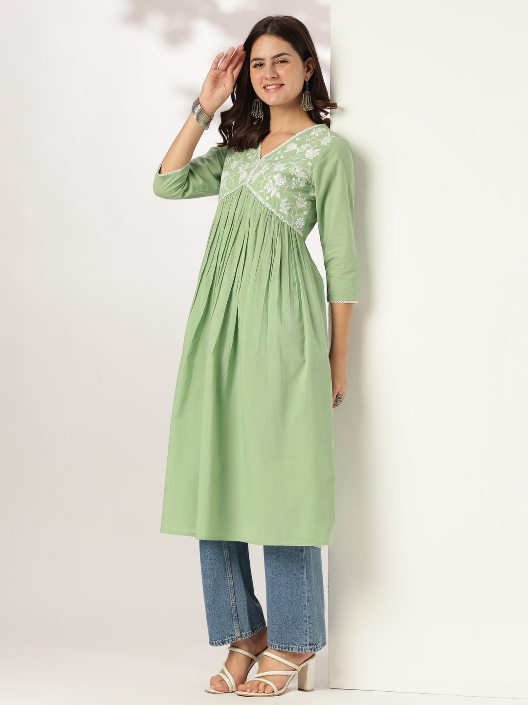 Vedika Light Green Cotton Embroidered Stylish Kurti for Women