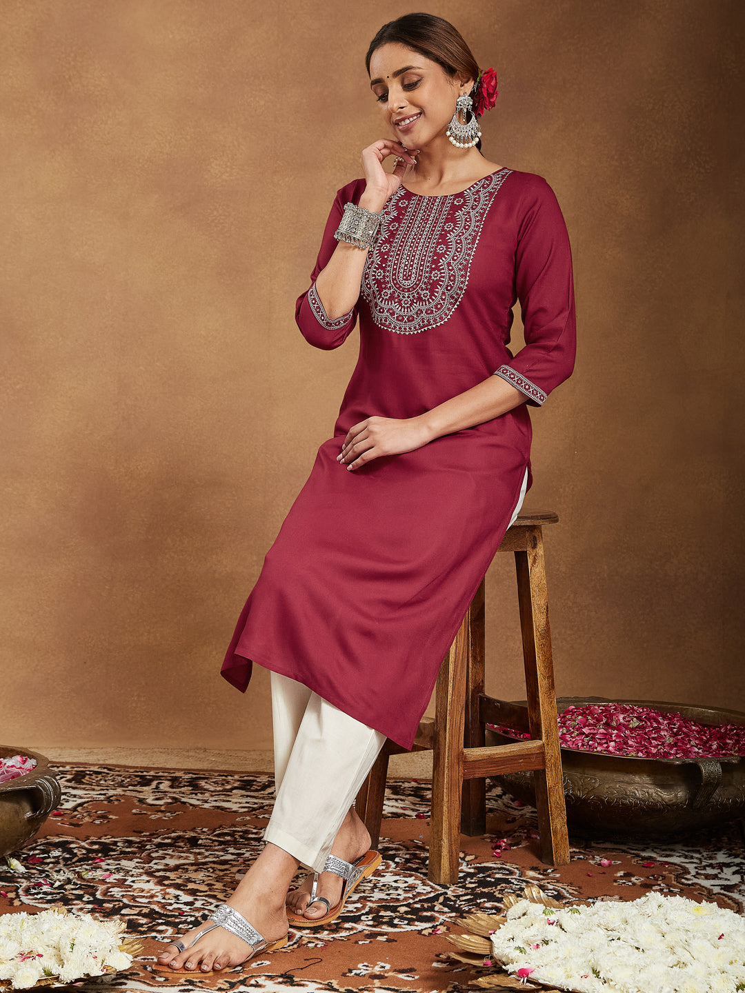 Ruby Maroon Embroidered Rayon Straight Stylish Kurti for Women