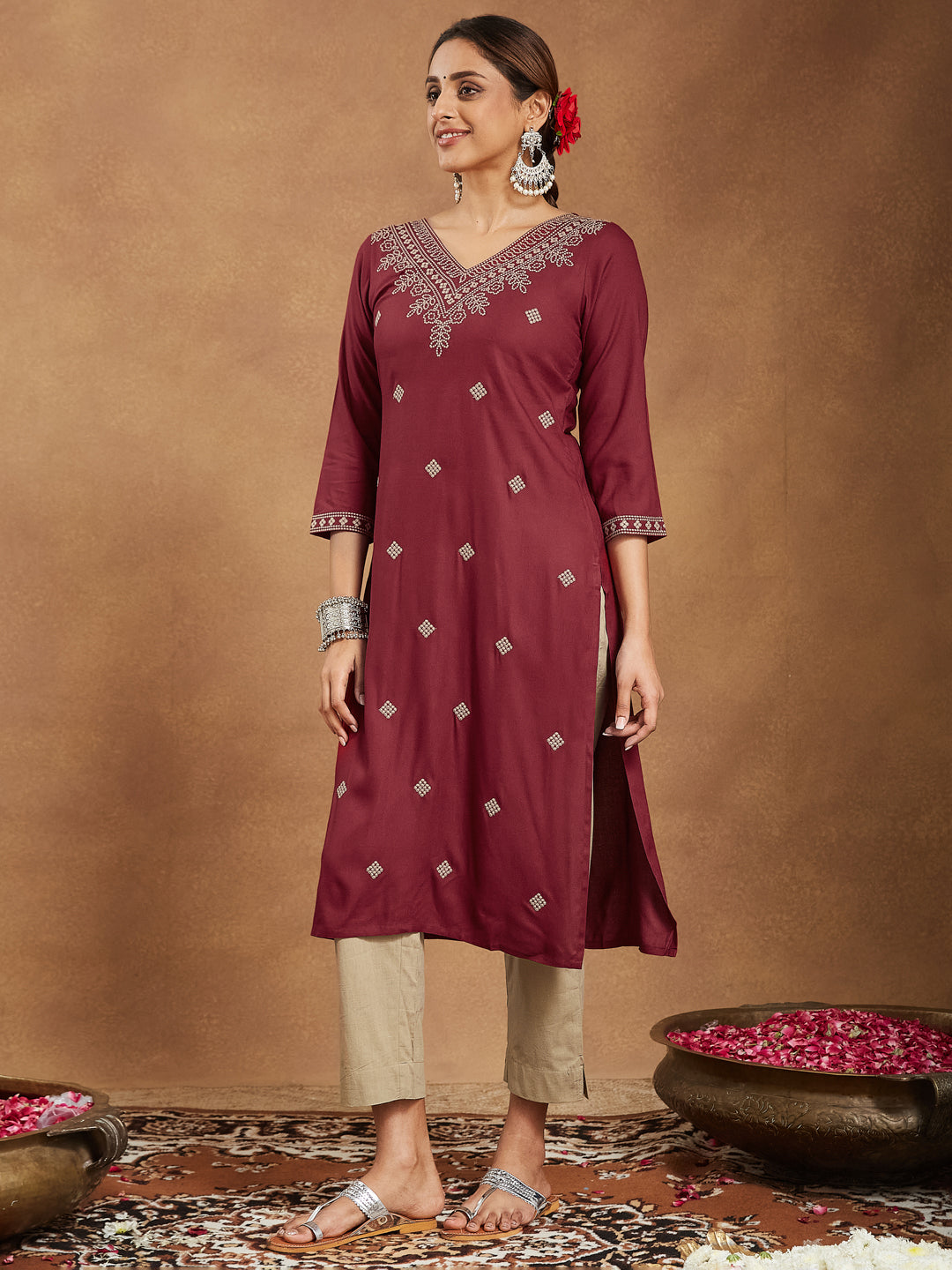 Amara Maroon Embroidered Rayon Straight Stylish Kurti for Women