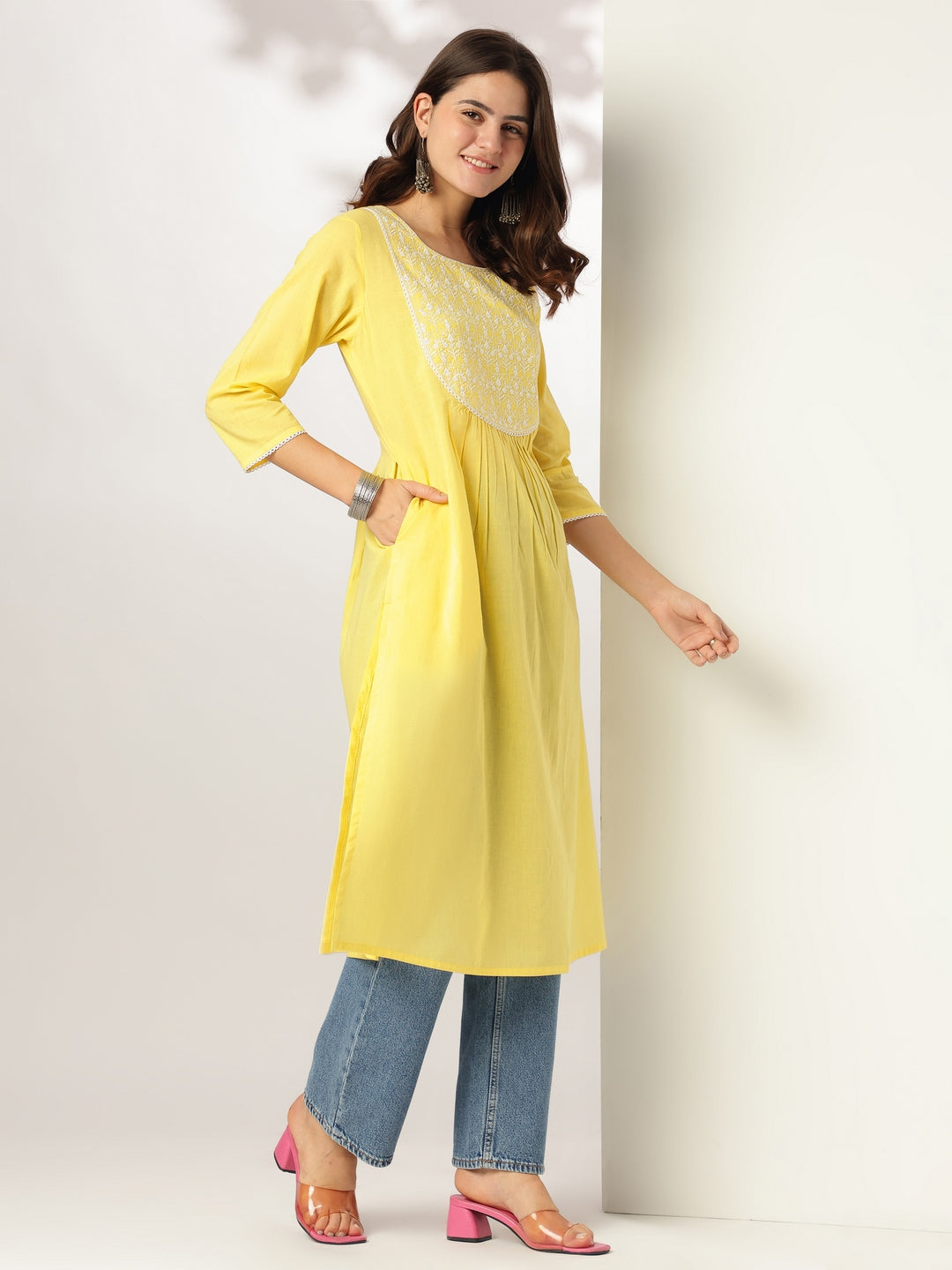 Myra Yellow Cotton Embroidered Stylish Kurti for Women