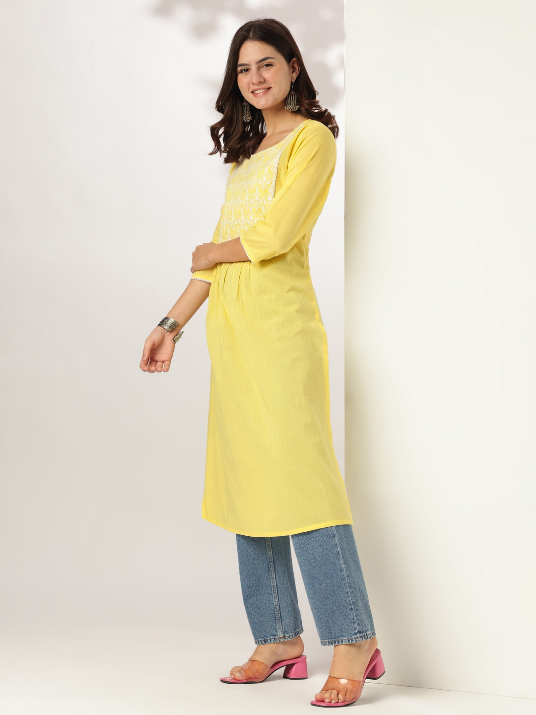 Myra Yellow Cotton Embroidered Stylish Kurti for Women