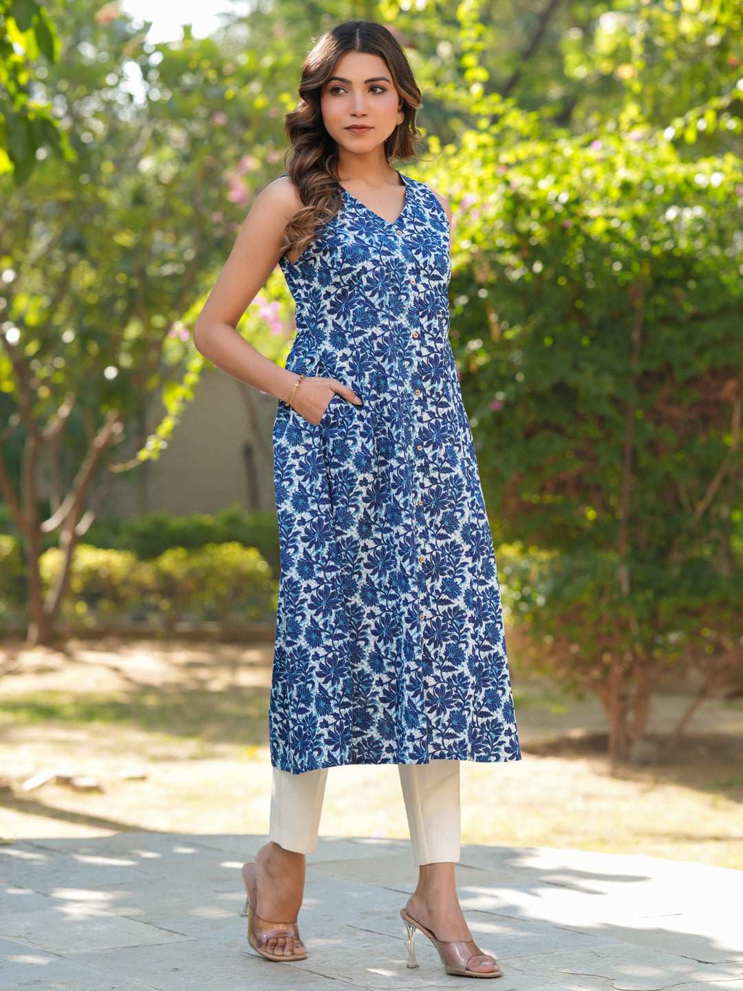 Blue Pure Cotton Floral Printed A-line Kurta My Store