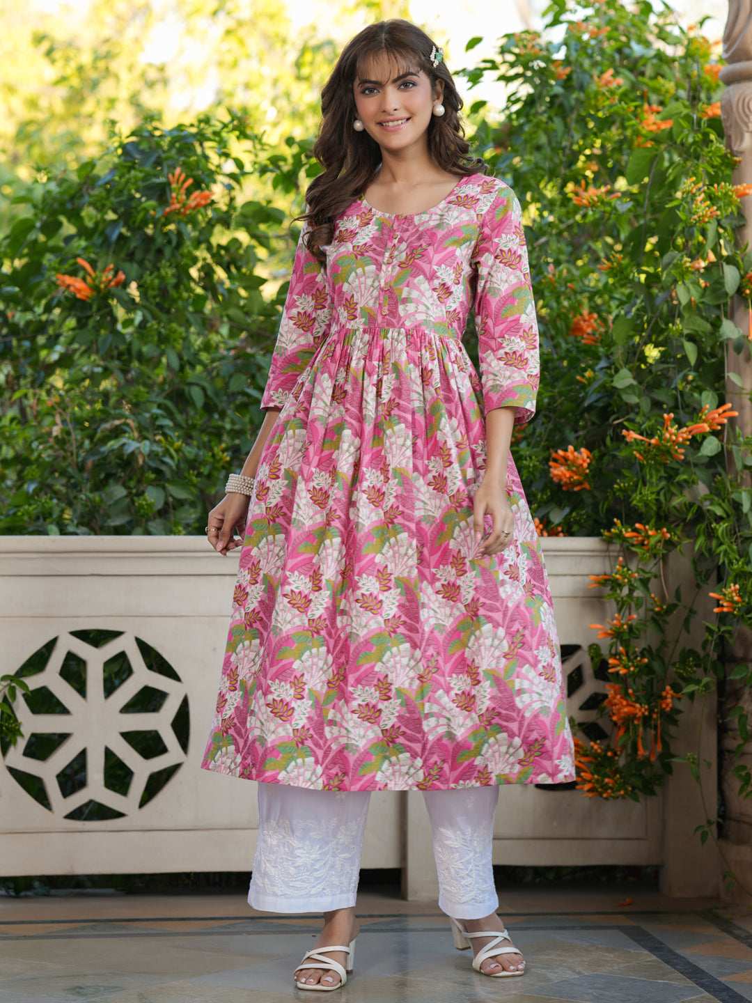 Amara Pink Floral Cotton A-Line Stylish Kurti for Women My Store