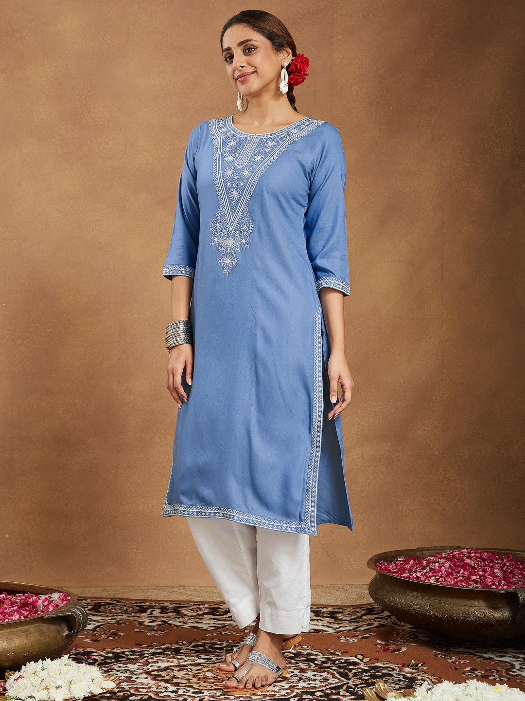 Lyla Sky Blue Embroidered Rayon Straight Stylish Kurti for Women