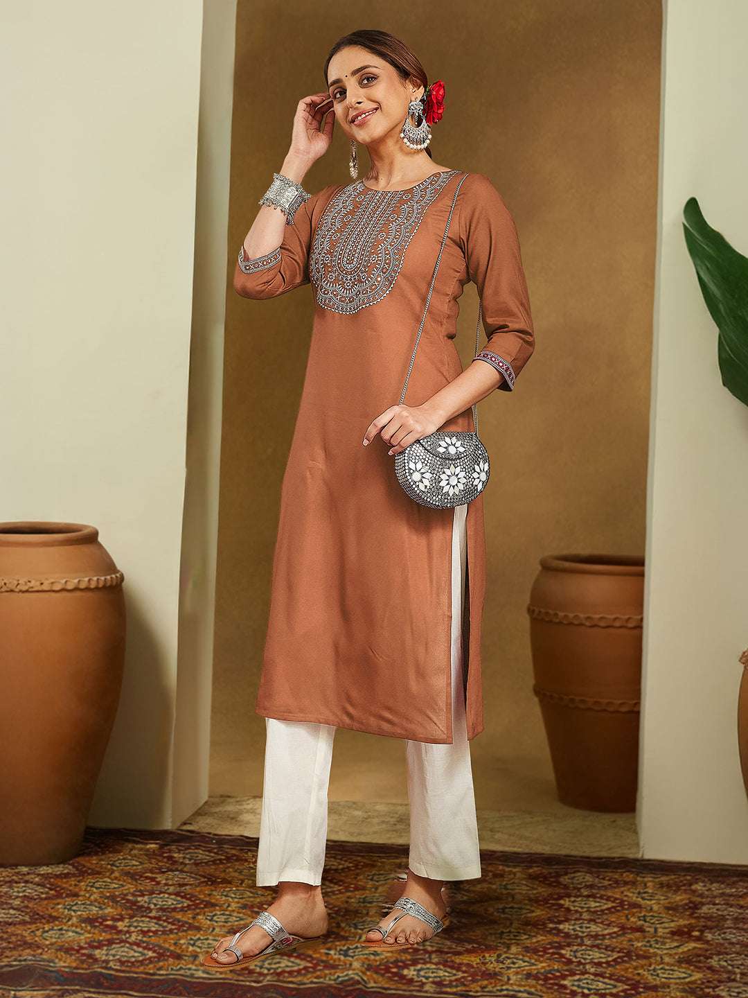 Siena Brown Embroidered Rayon Straight Stylish Kurti for Women Sajnaa