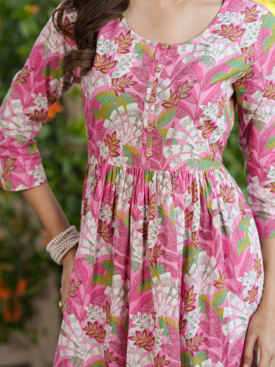 Amara Pink Floral Cotton A-Line Stylish Kurti for Women