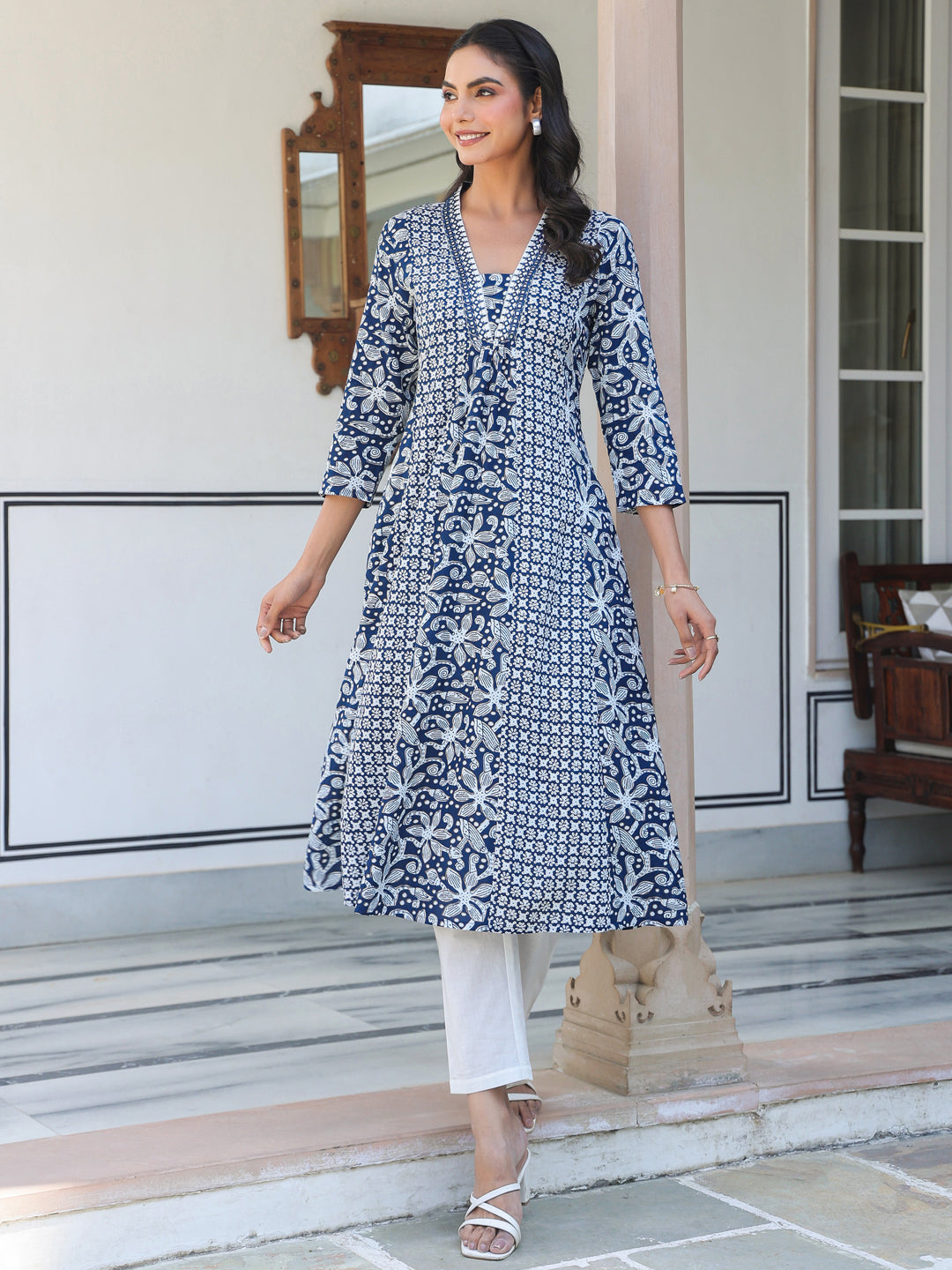 Kavisha Indigo Floral Cotton Kurti for Women
