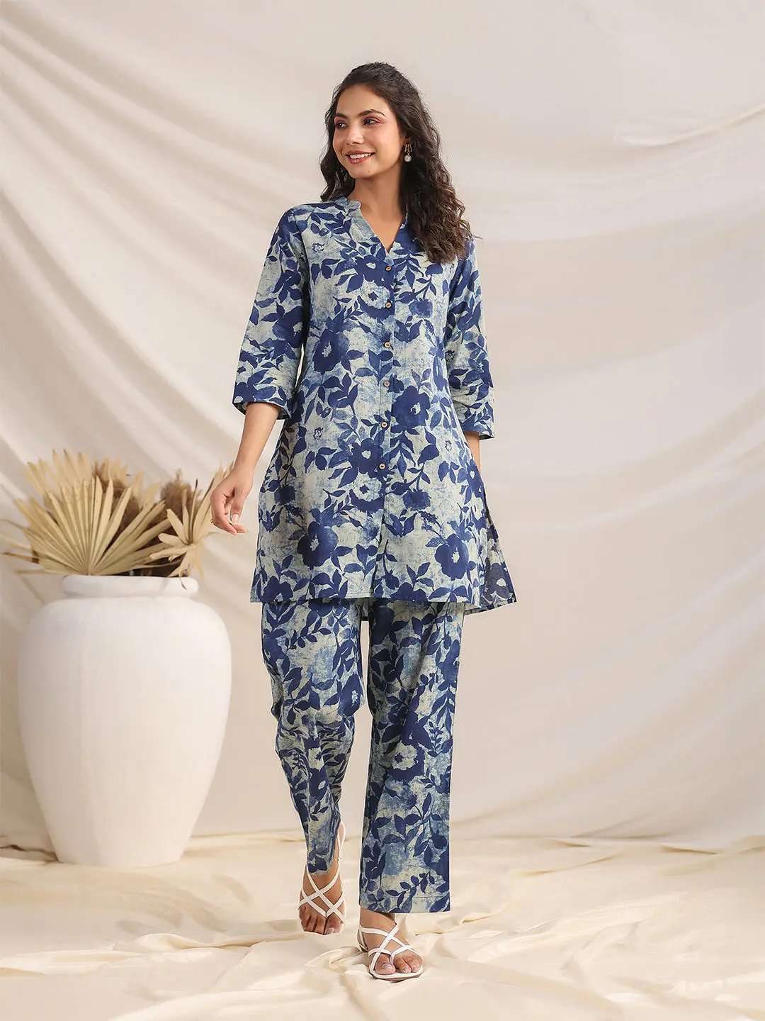 Indigo floral cotton co-ord set for women – casual day wear