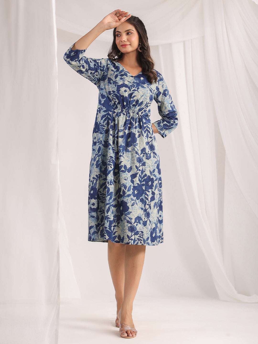 Indigo Cotton Floral Panelled Dress for Women My Store