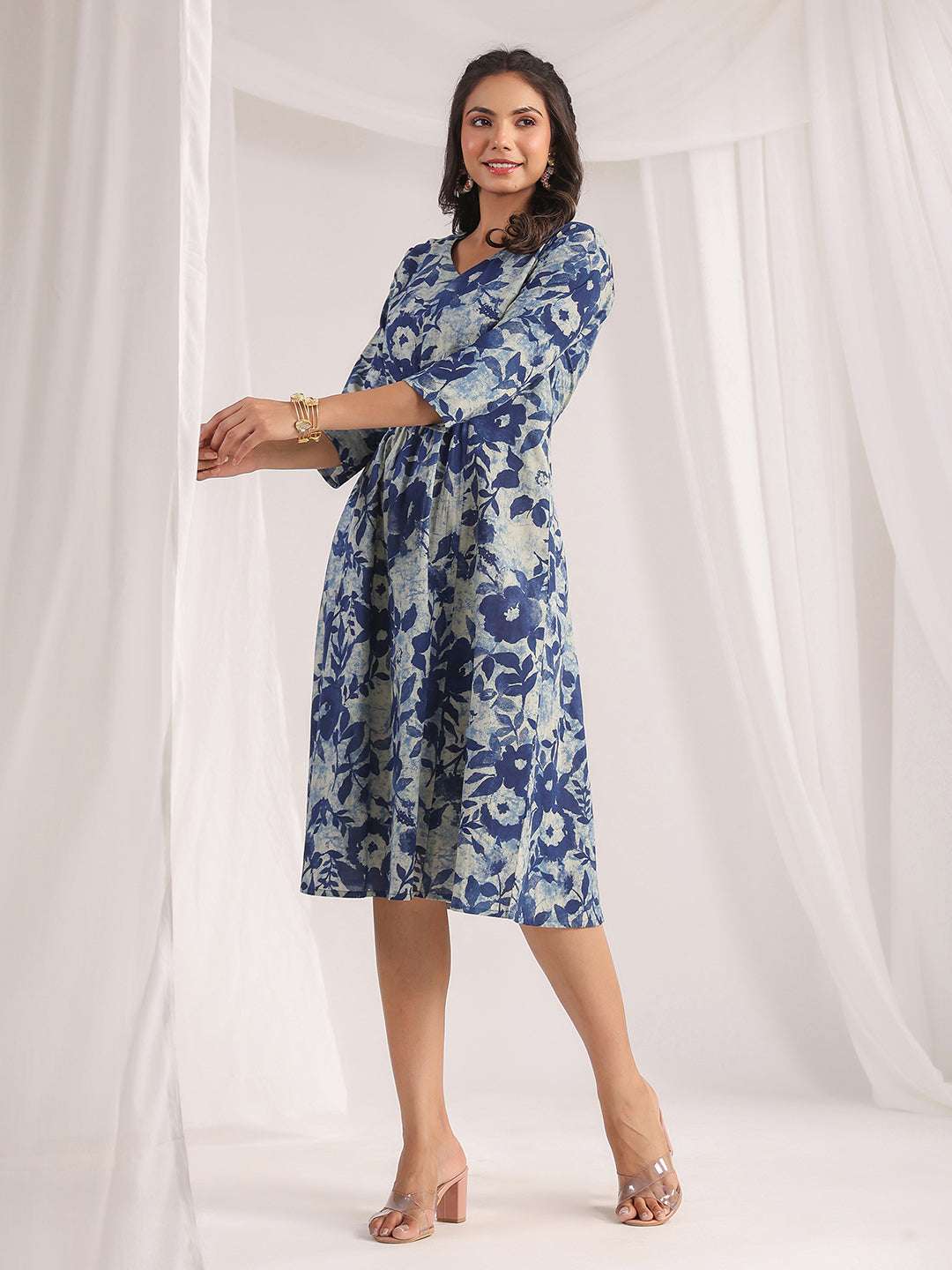 Indigo Cotton Floral Panelled Dress for Women My Store